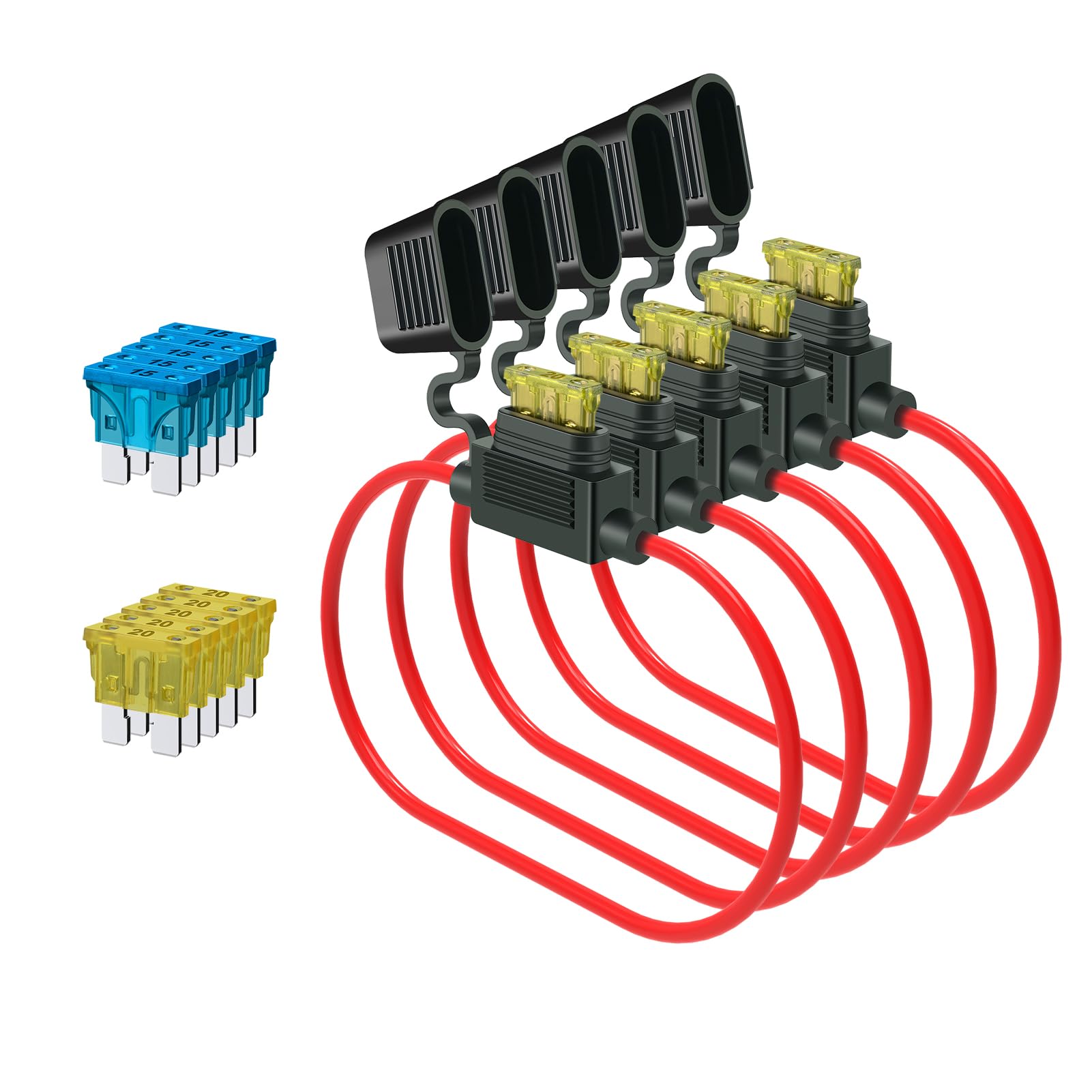 5 Pack Inline Fuse Holder 14 AWG Waterproof Wiring Harness with 10 Pcs Blade Fuses (15A, 20A), Heavy Duty Automotive Fuse Holder for Cars, Boats, RVs