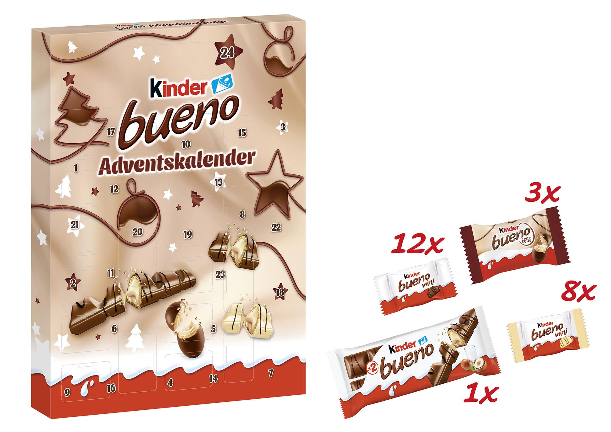 kinder bueno Adventskalender 2025 – Schokolade & Mini-Eier – Tag für Tag Süßigkeiten entdecken – Vollmilch-Schokolade mit feiner Haselnusscreme – Zu Weihnachten & Advent – Weihnachtskalender – 181g