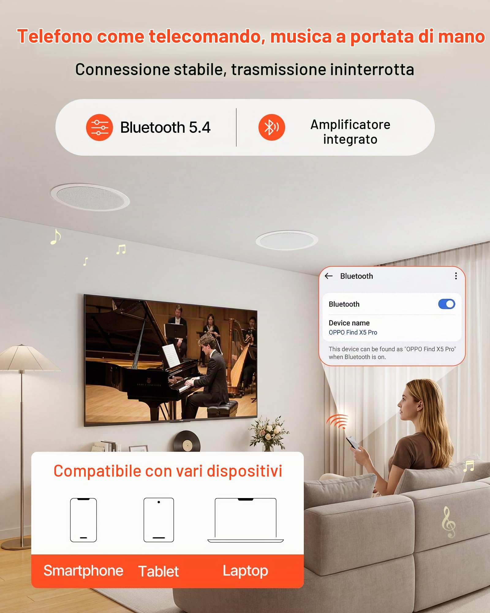 VEVOR Altoparlanti da Incasso a Soffitto 2 pezzi, Altoparlanti con Bluetooth da Incasso da Parete 203,2 mm per Uso Interno Soggiorno Home Theater Montaggio a 2 Vie Potenza Picco Singola 50 W