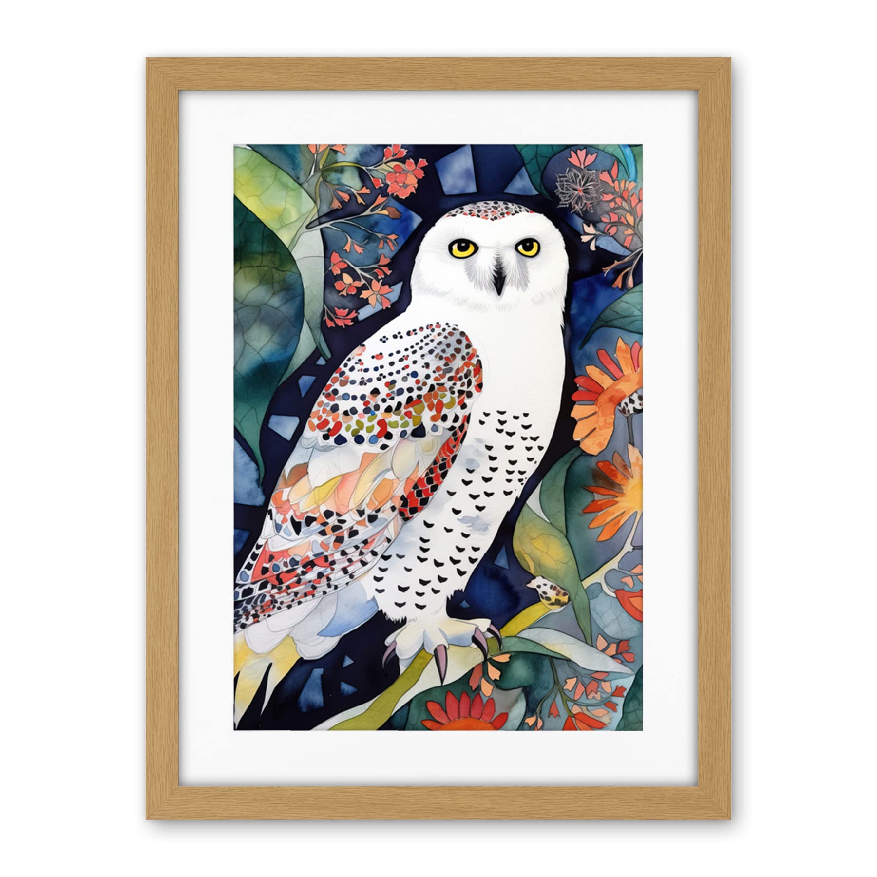 Artery8 Snowy Owl On Blooming Tree Folk Art Artwork Framed Wall Art Print 18X24 Inch