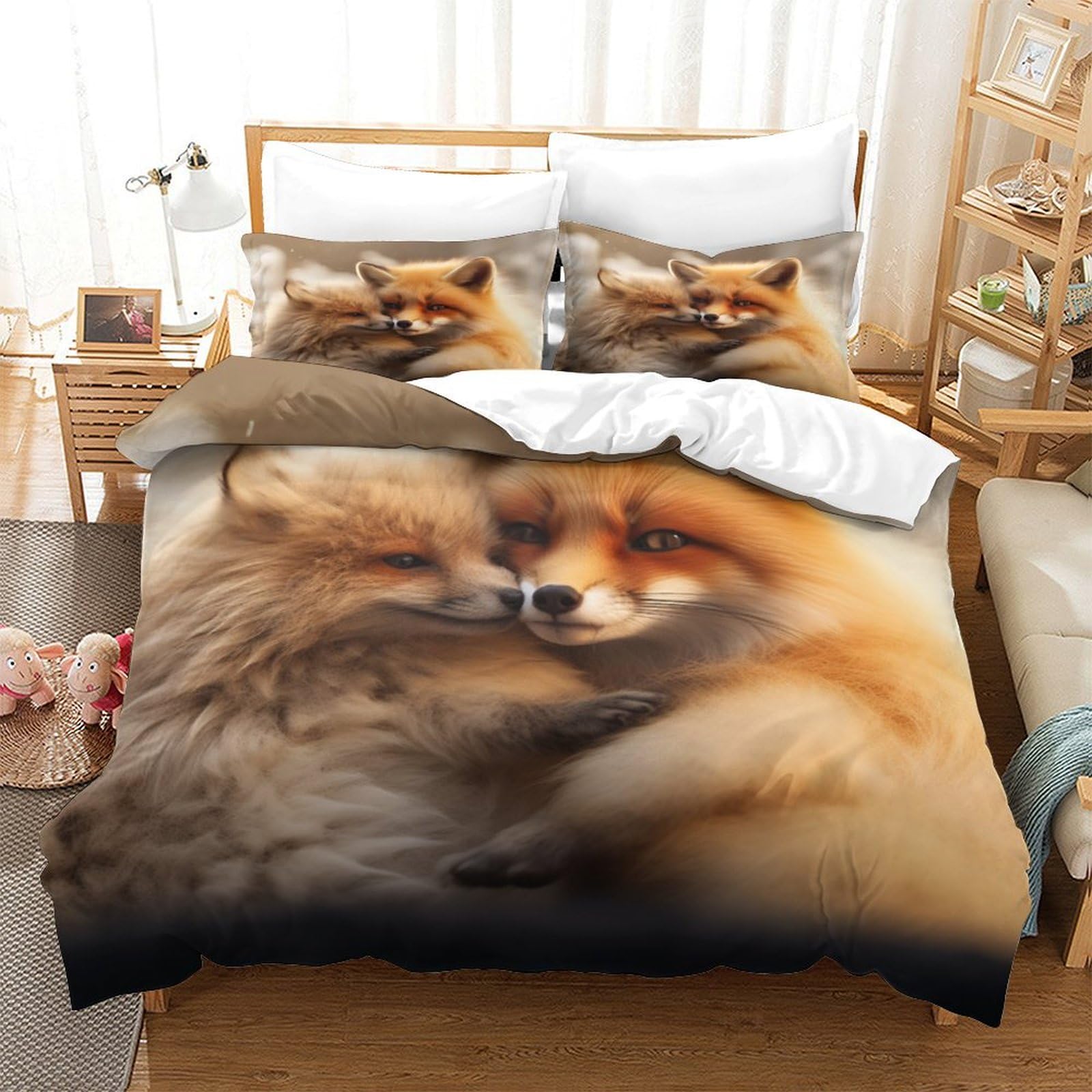 P1S9U7W5Y 3D Printed Realistic Animal Fox Duvet Cover Set 3 Pieces Thickened Microfiber Bedroom Decor Lifelike Fox Bedding Set for Adults Teens Soft Breathable King（220x240cm）