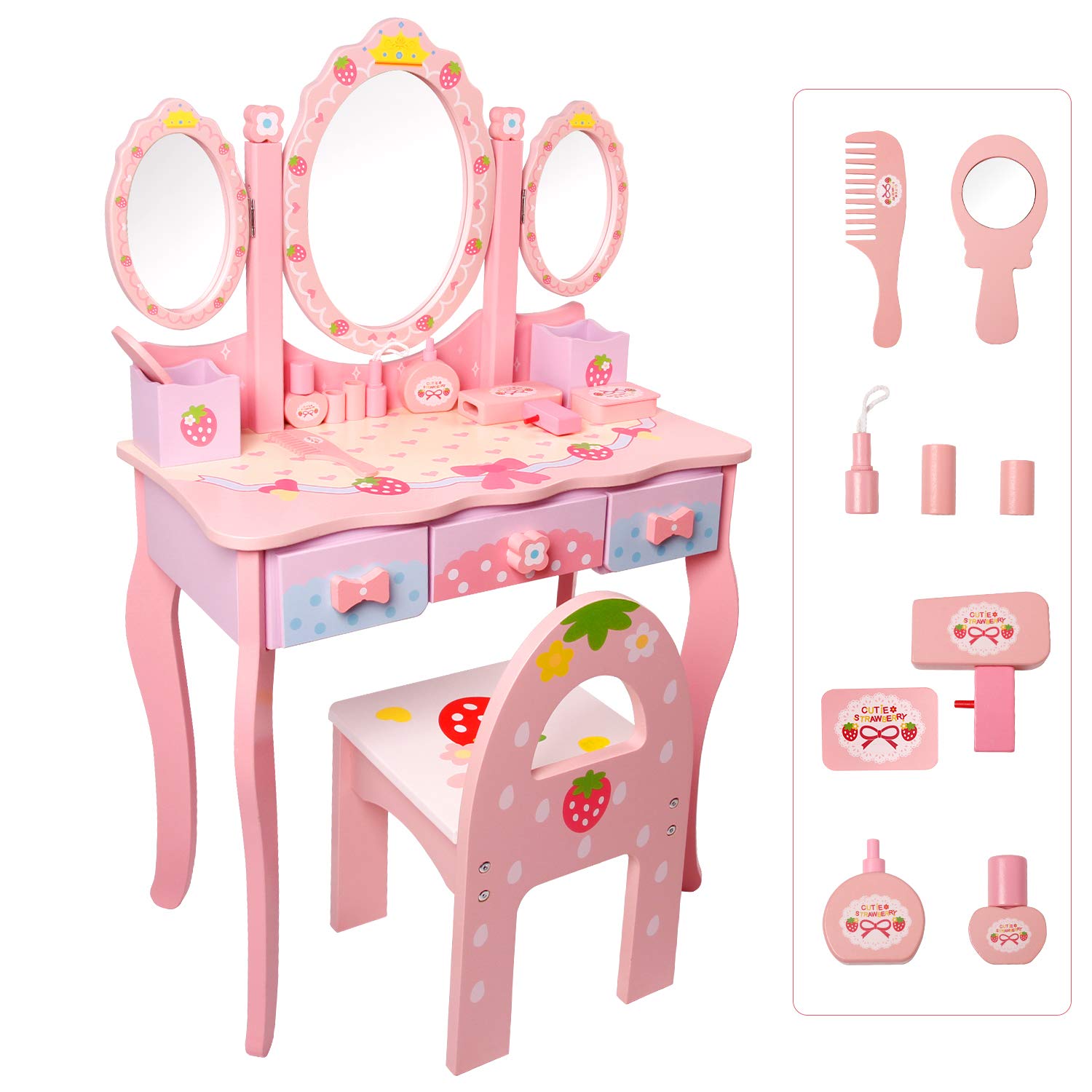 CCLIFE Tocador Infantil de Madera para niñas con Taburete de Espejo, Juego de Mesa de Maquillaje, cajón de Madera, Color Rosa y Blanco