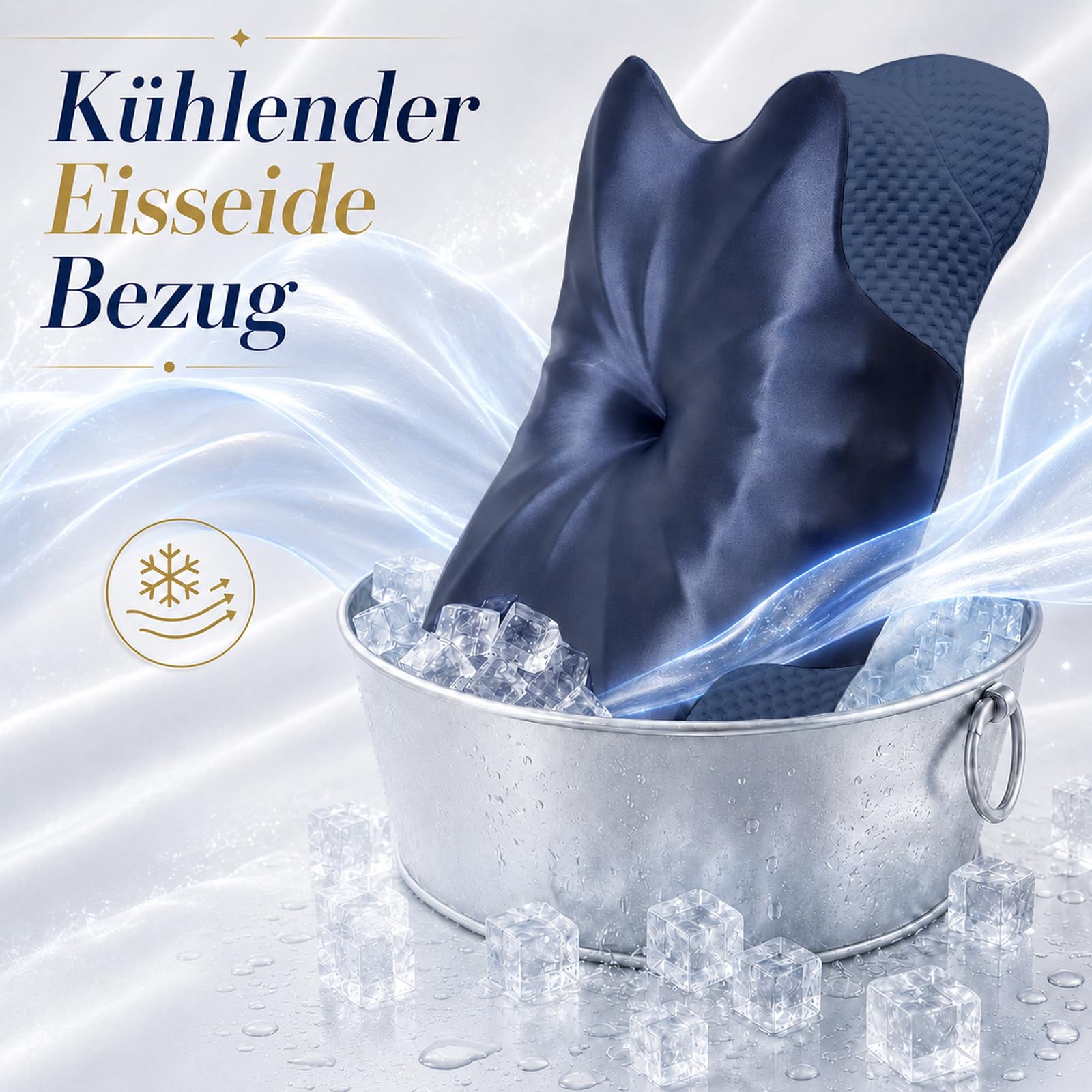 Ergonomisches Kopfkissen - Zwei Höhen Seitenschläferkissen mit Kühlender Eisseide-Bezug, OEKO-TEX STANDARD 100 Memory Foam Nackenkissen für Seiten, Rücken & Bauchschläfer, Mitternachtsblau