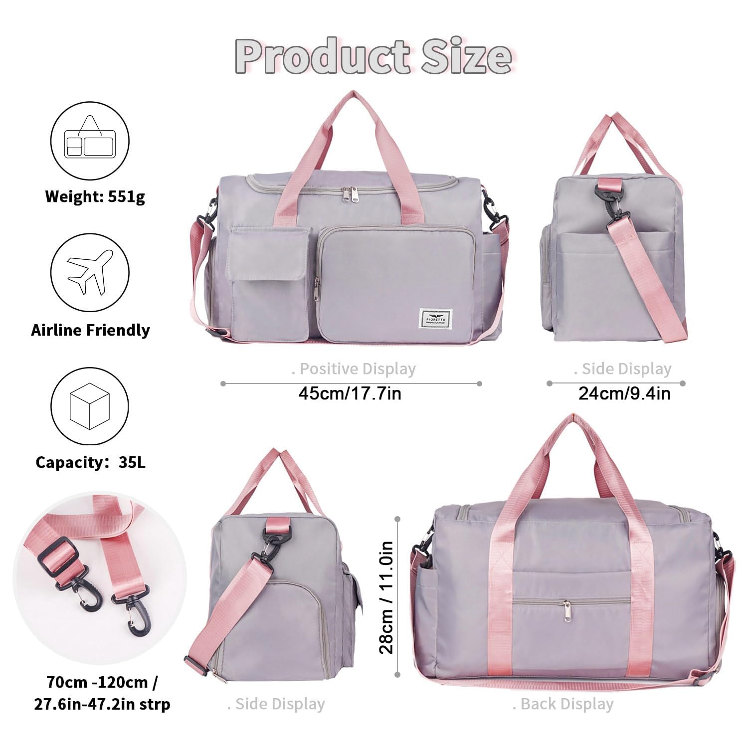 FIORETTO Damska torba sportowa, 35 l, składana, z kieszenią na buty i kieszenią na mokre buty, wodoodporna, torba weekendowa, torba podróżna, bagaż podręczny, torba treningowa dla kobiet i mężczyzn,