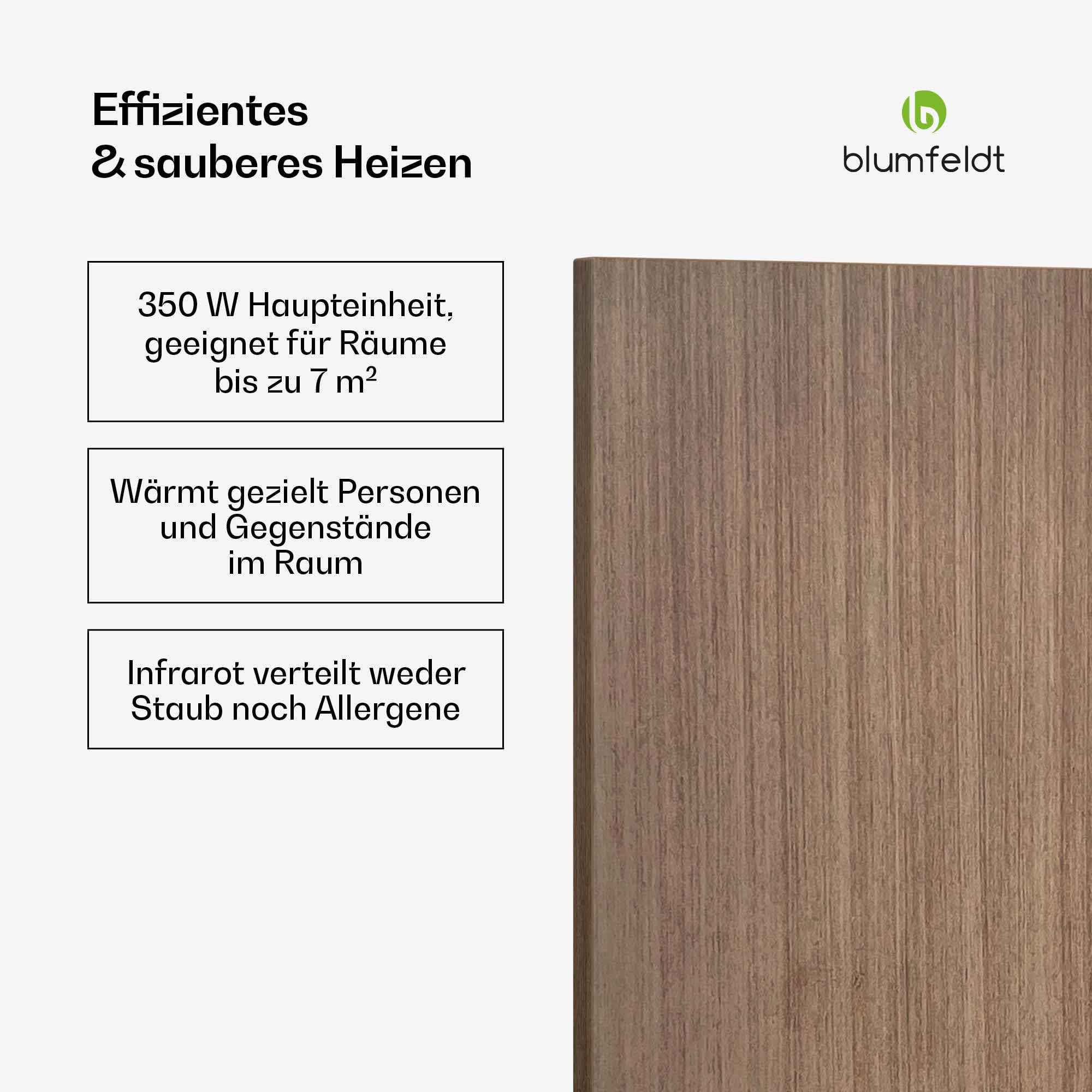 Blumfeldt Infrarot Wandheizung 350W – IP44, WLAN- & App-Steuerung, Thermostat, Überhitzungsschutz, Infrarotheizung für Bad & Wohnzimmer, Energieeffizient, Wandmontage, Holz Design