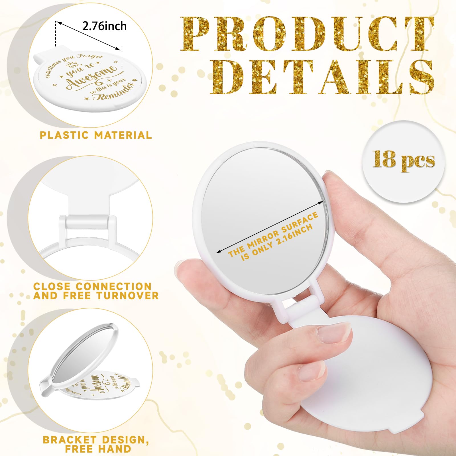 Specchio compatto e ispiratore, rotondo, in vetro, da 7,9 cm, per il trucco, per borsette, tascabile, idea regalo per donne, ragazze, colleghe, insegnanti, lauree, amiche (bianco, 18 pezzi)