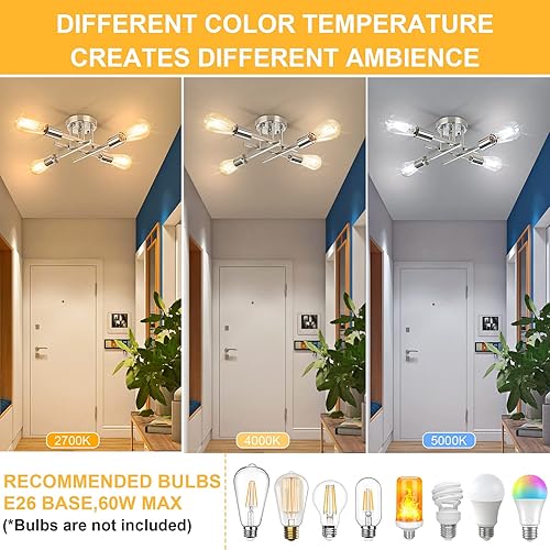 Miniatura 3 de SunRider Lámpara de techo industrial de 4 luces, semiempotrada, níquel cepillado, lámpara de techo Sputnik de granja plateada para sala de estar