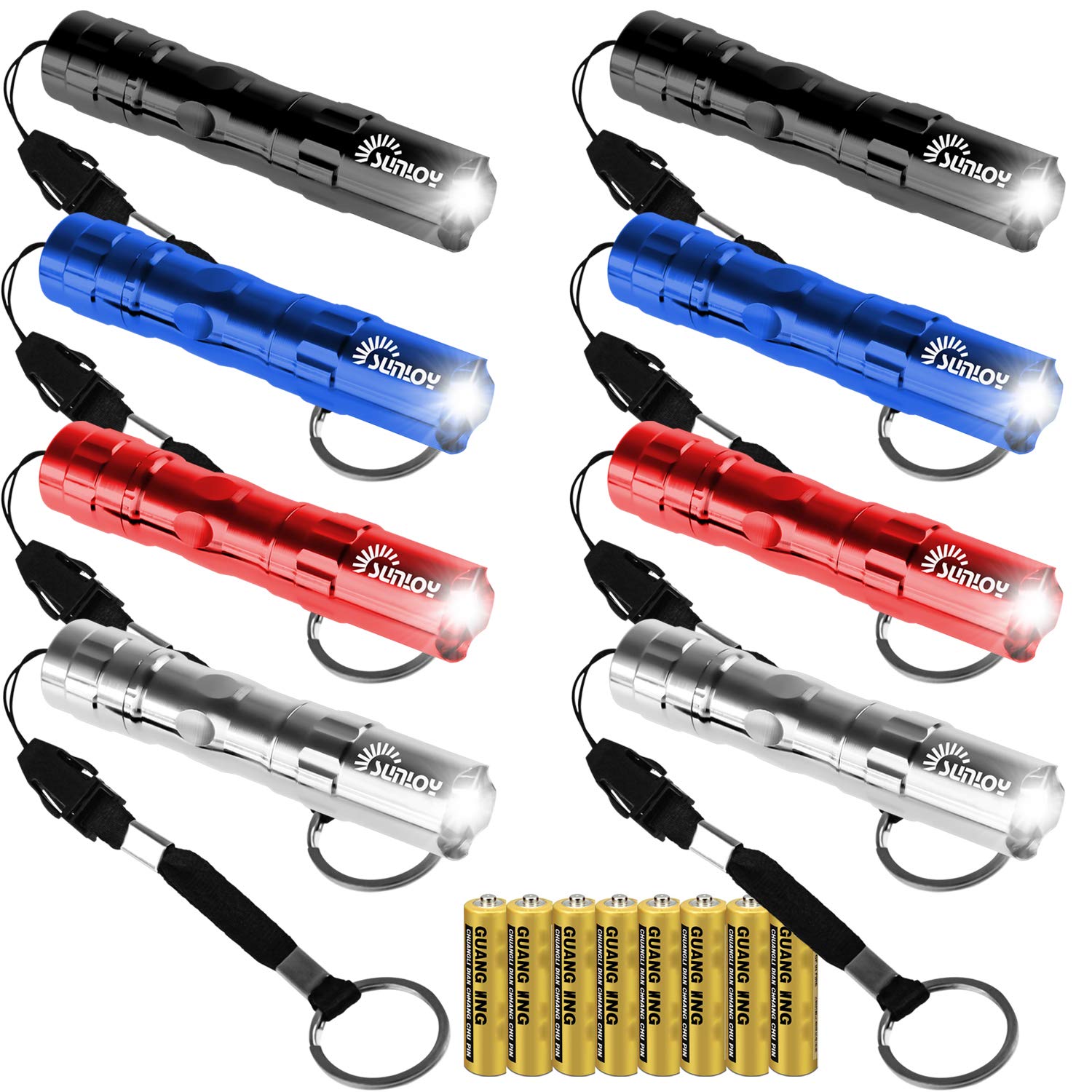 Sunloy 8-Pack Mini LED Flashlight with Keychain Loop – Compact Pocket Torch with 8 AA Batteries Included, Waterproof Aluminum Body, for Camping, Emergency, Hiking, EDC (Multicolor)