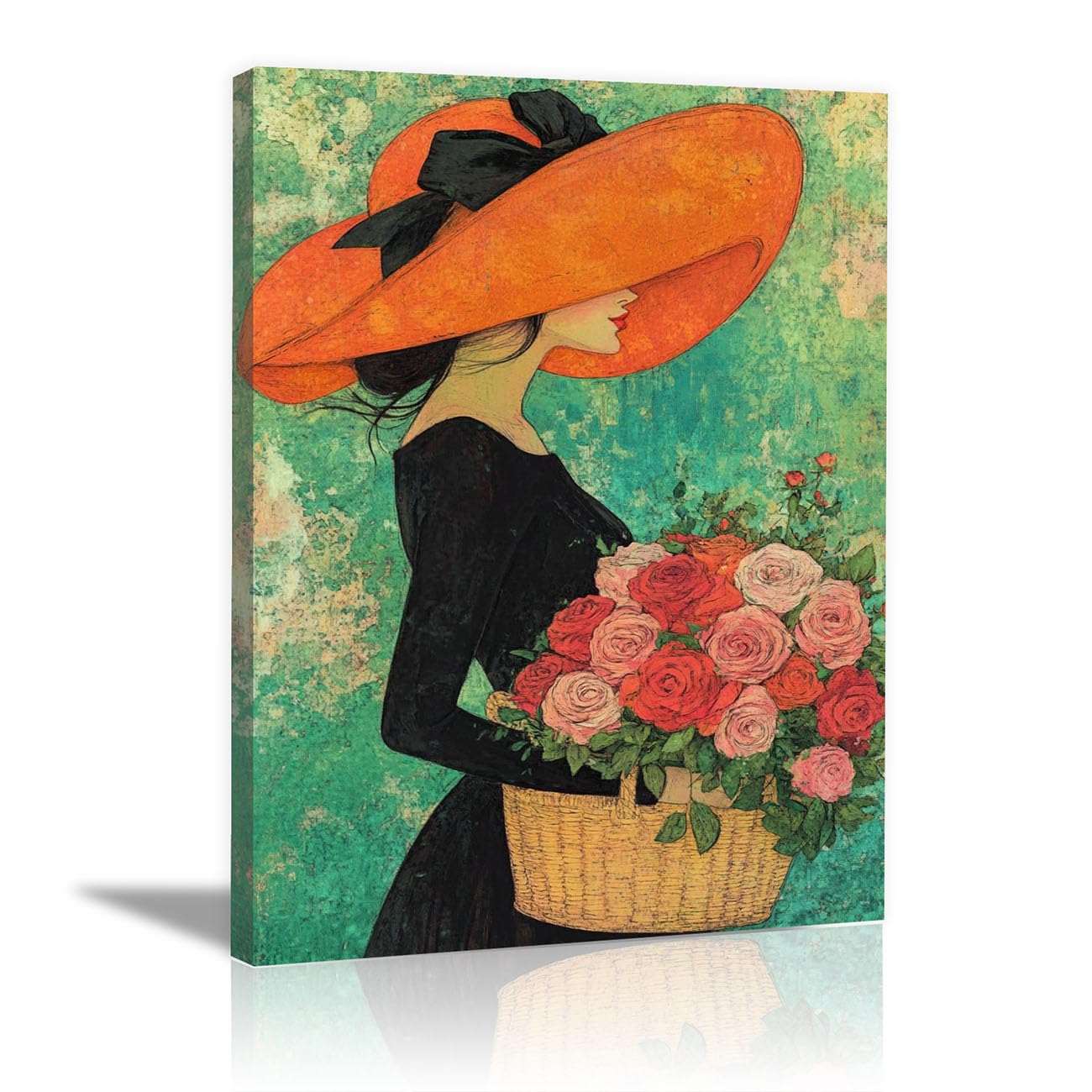 QUSAAOU Fashion Portrait Canvas Wall Art Woman in Orange Hat Holding Roses in Basket For Living Room Bedroom African American Decor For Home Afro Woman Poster And Prints(Orange)-60x90cm Framed