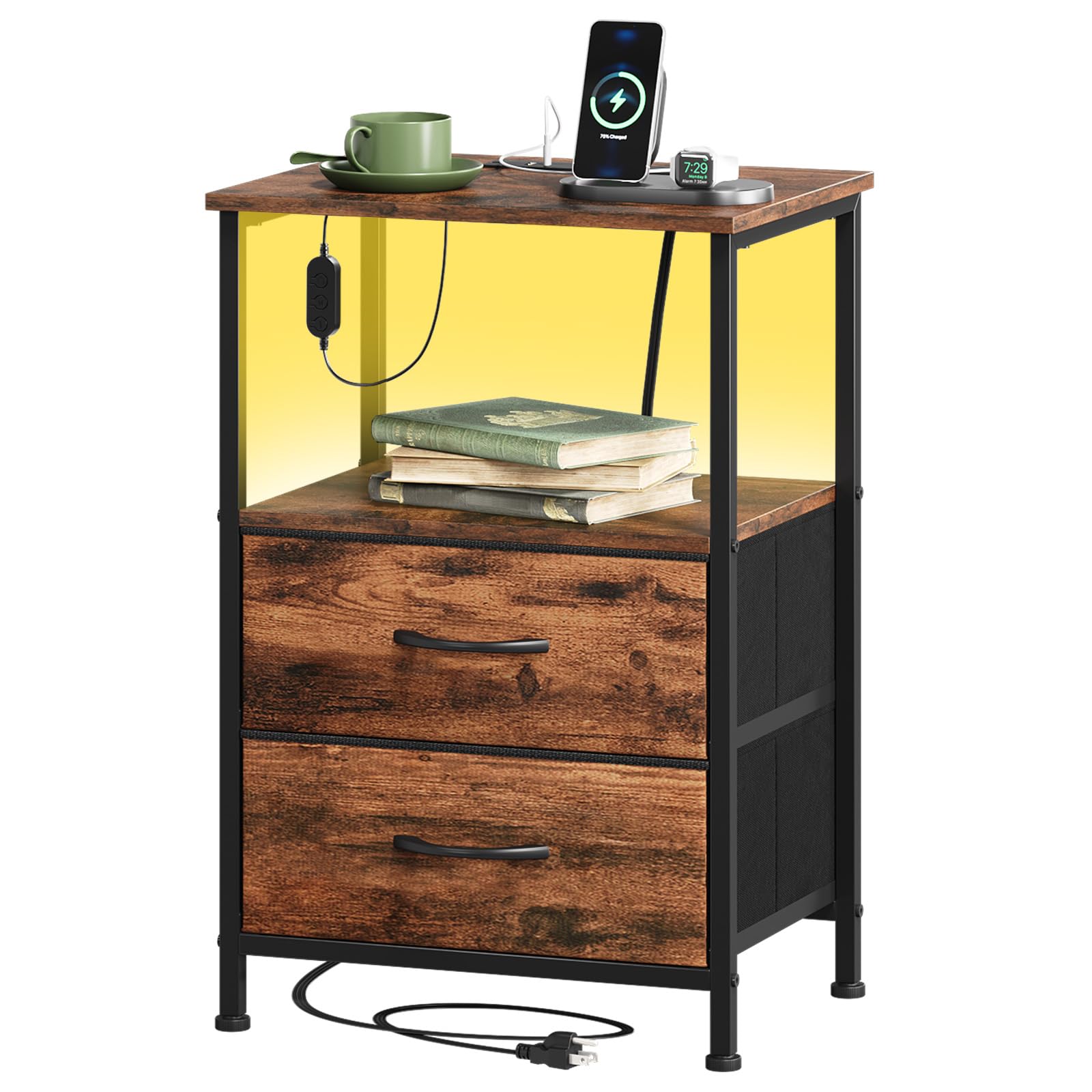 Somdot Bedside Table with Charging Station and LED Light, Small Bed Side Table for Bedroom Dorm Kids Room Closet, 2 Drawers Bedside Cabinet with 2 Outlets and 2 USB Ports, Wood Grain Print