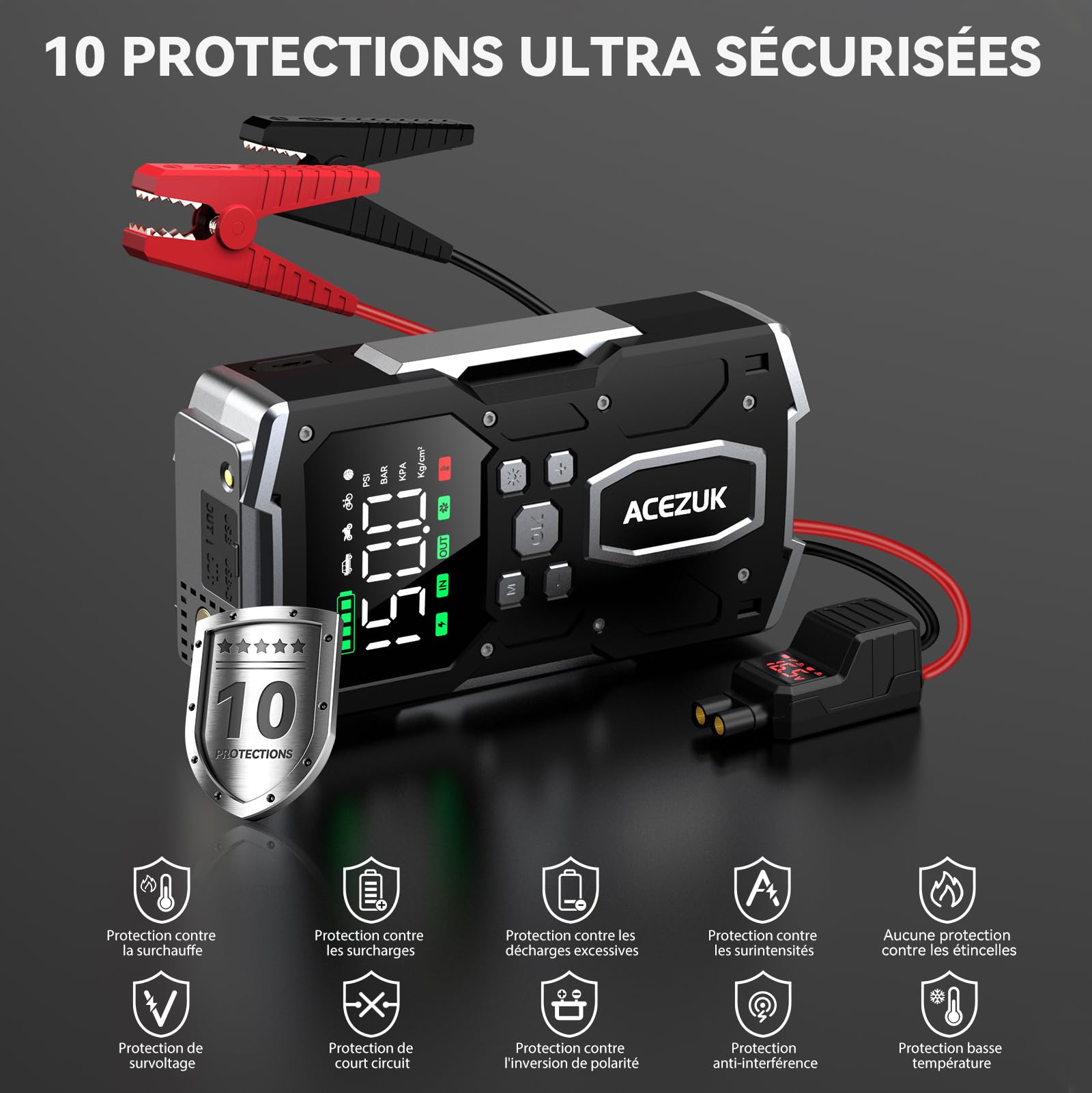 ACEZUK - Arrancador de batería de Coche con compresor de Aire, 4000 A, inflador de neumáticos de 150 PSI, 26 800 mAh, 12 V, para Coche de Gasolina o diésel de 10 L, led de 4000 lúmenes