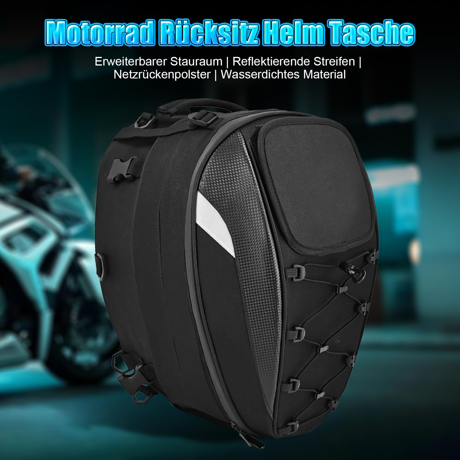 45L Motorrad-Hecktasche, Heckhelmtasche aus Oxford-Stoff, wasserabweisend, mit Reflektoren und Netzfach, erweiterbarer Rucksack mit Schultergurt Rückenpolster für Touren Pendler Fahrer Reise