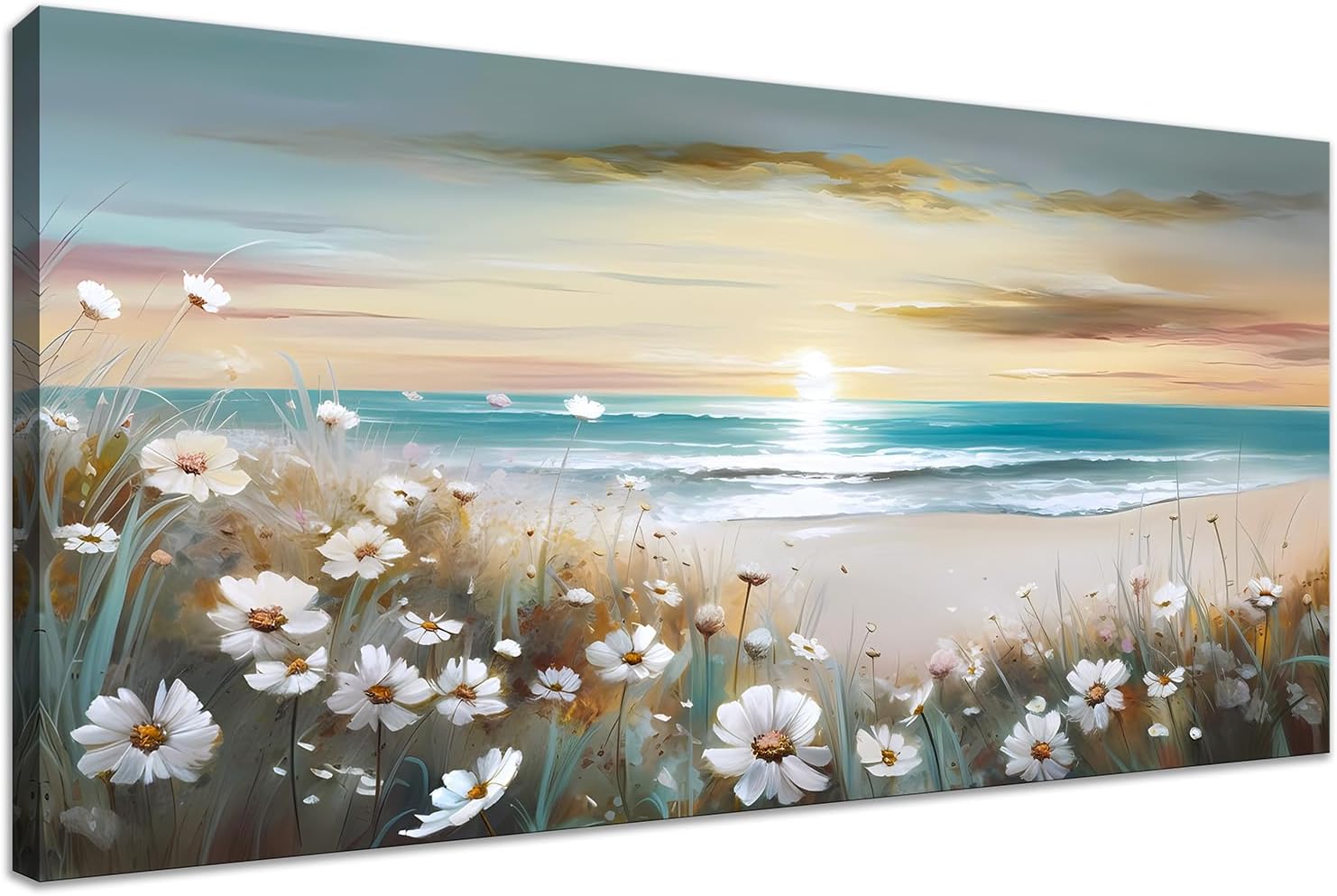 LKY ART Sunset Beach Wall Art Canvas White Flowers Canvas Prints Home Decor Painting for Living Room Bedroom Office Seascape Natural Landscape Wall Decor Ready to Hang 48"L x 24"W White-Flowers