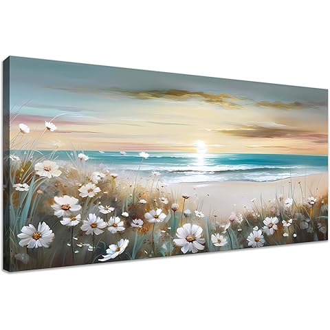 LKY ART Sunset Beach Wall Art Canvas White Flowers Canvas Prints Home Decor Painting for Living Room Bedroom Office Seascape Natural Landscape Wall Decor Ready to Hang