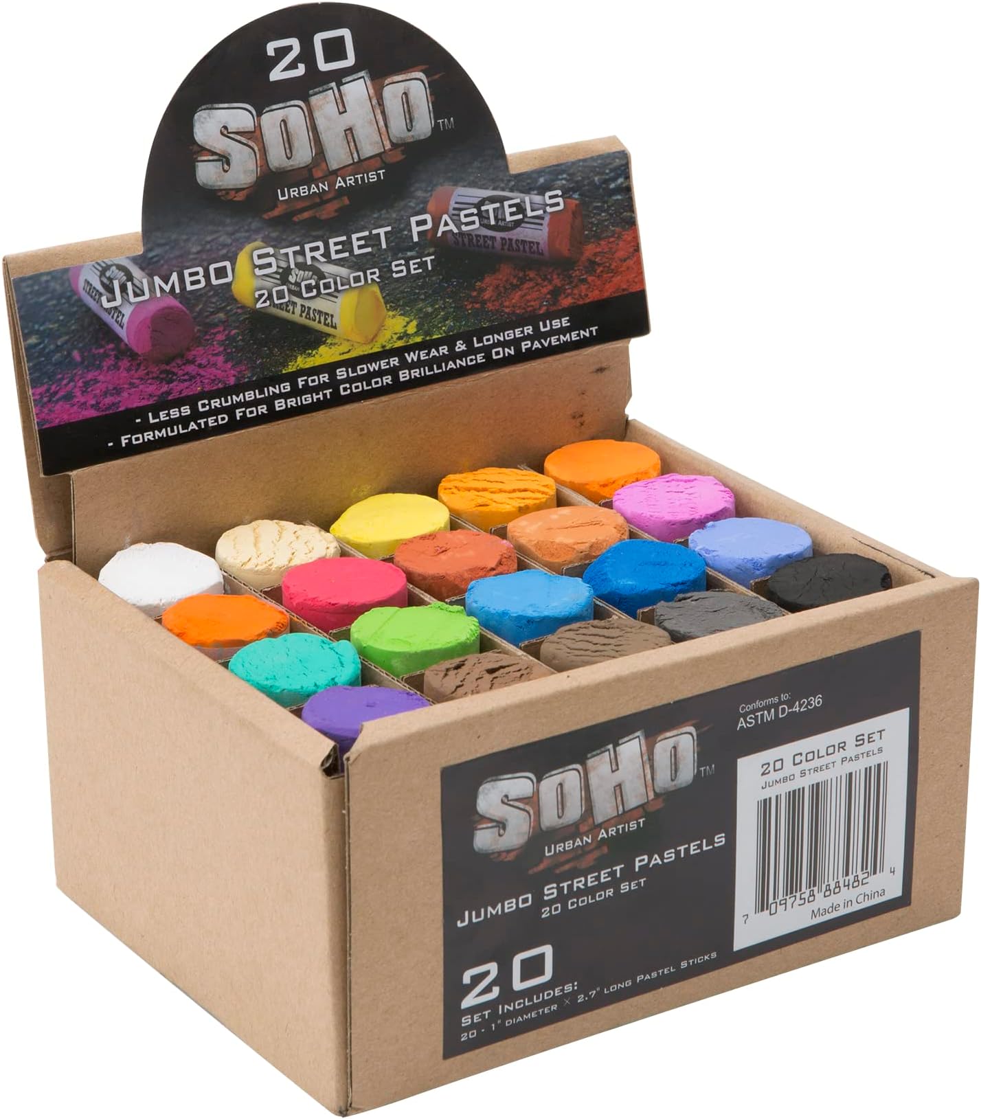- Professional Pastels - Jumbo Street Pastel Set of 20 Colors, 1" Diameter, 2.7" Length, Non-Toxic, Brilliant Pigments, Ideal for Pavement, Less Crumbling than Sidewalk Chalk