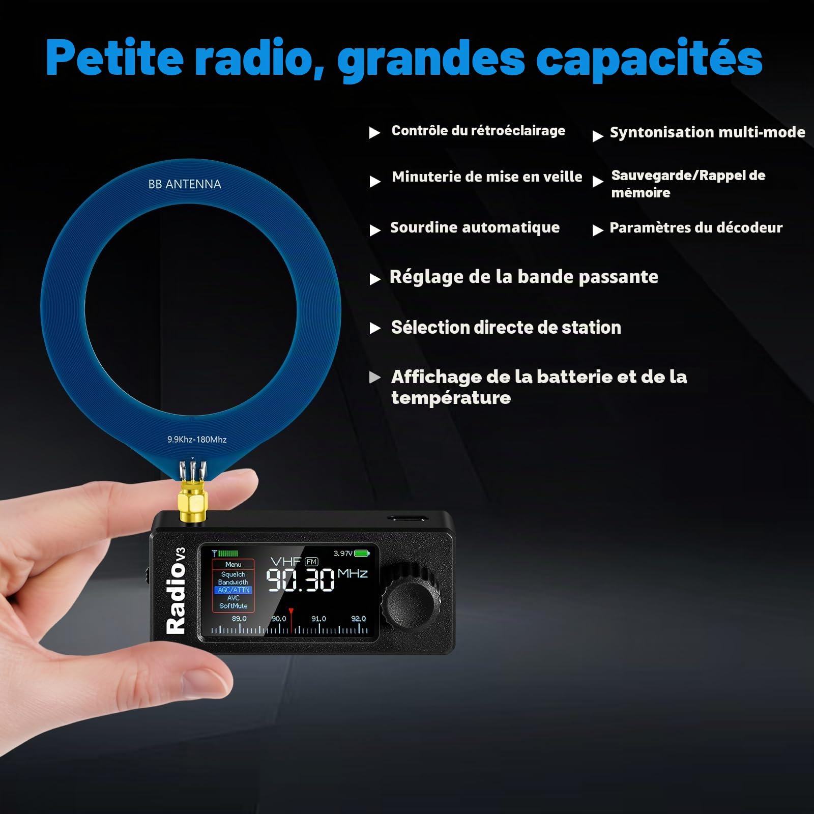 AURSINC Si4732 Mini récepteur radio V3 de poche à ondes courtes, radio HF SW MW VHF toutes bandes, mode AM/FM/LSB/USB, avec batterie de 800 mAh pour aventures en plein air, voyage, utilisation