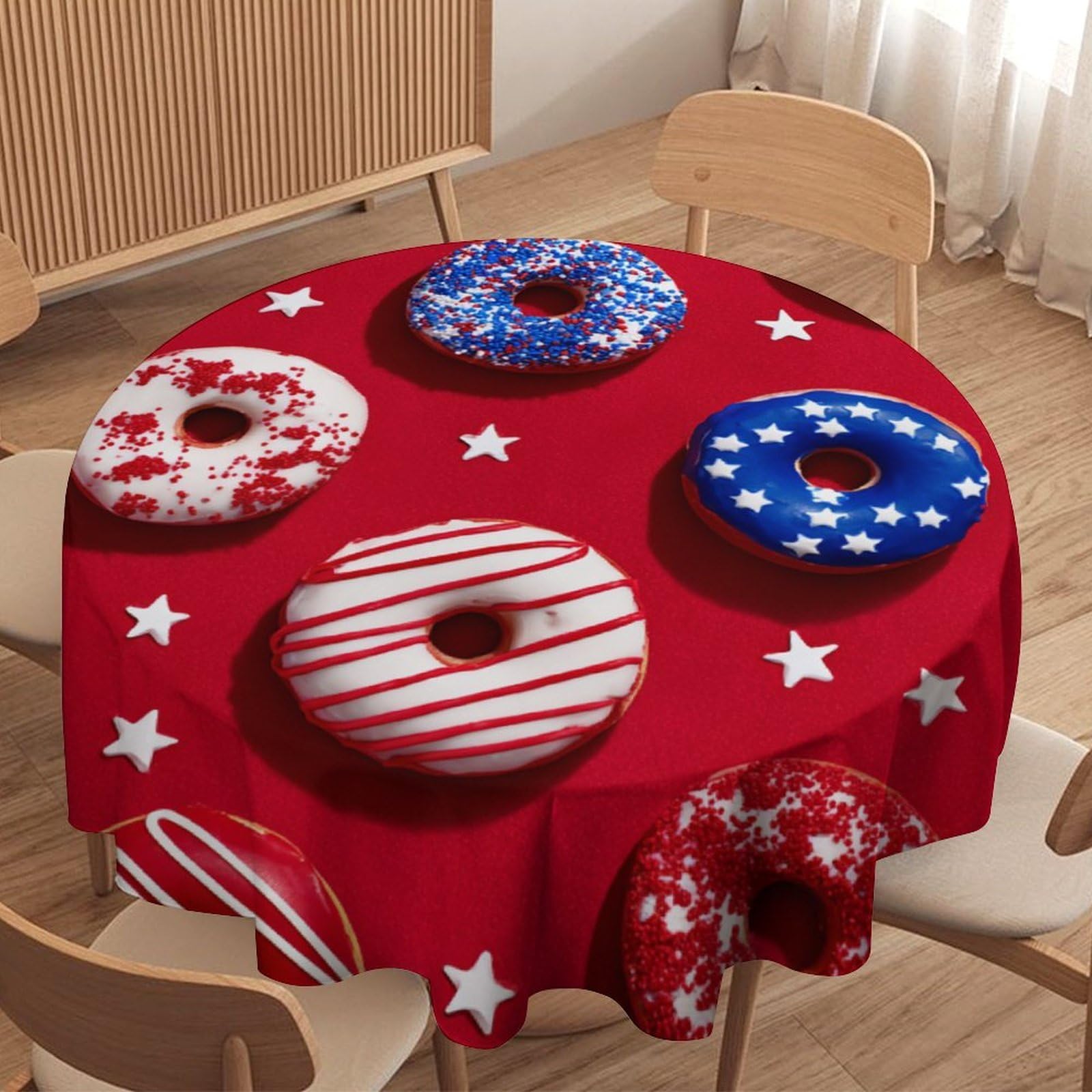 LUYYSKY Colorful Abstract Patriotic Donut Round Tablecloth Fantasy Modern Art Food Donut Star Pattern Washable Decor for Table Cover for Kitchen-177.8" Wx177.8 L cm