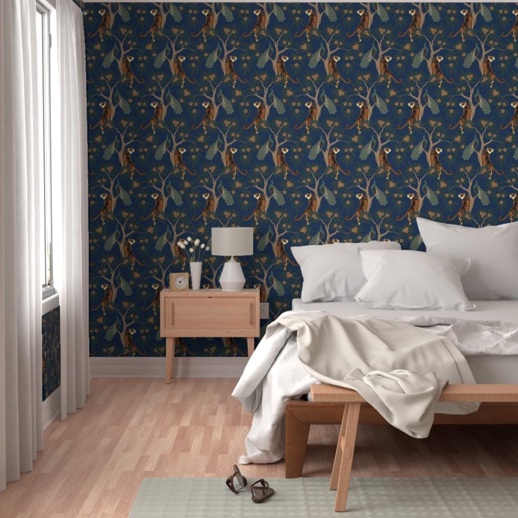 Spoonflower Removable Wallpaper 3ft x 2ft - Bird Asian Flowers Floral Chinese Tree Animals Tiger Peacock Blue Custom Pre-Pasted Wallpaper