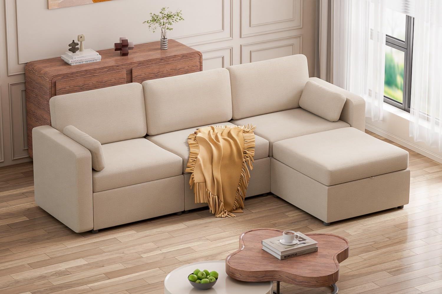 Consofa Modular Sectional Sofa with Storage Ottoman, Convertible L Shaped Sectional Couch Sofa with Removable Cover, Deep Seat Sectional Couches for Living Room, Apartment, Office