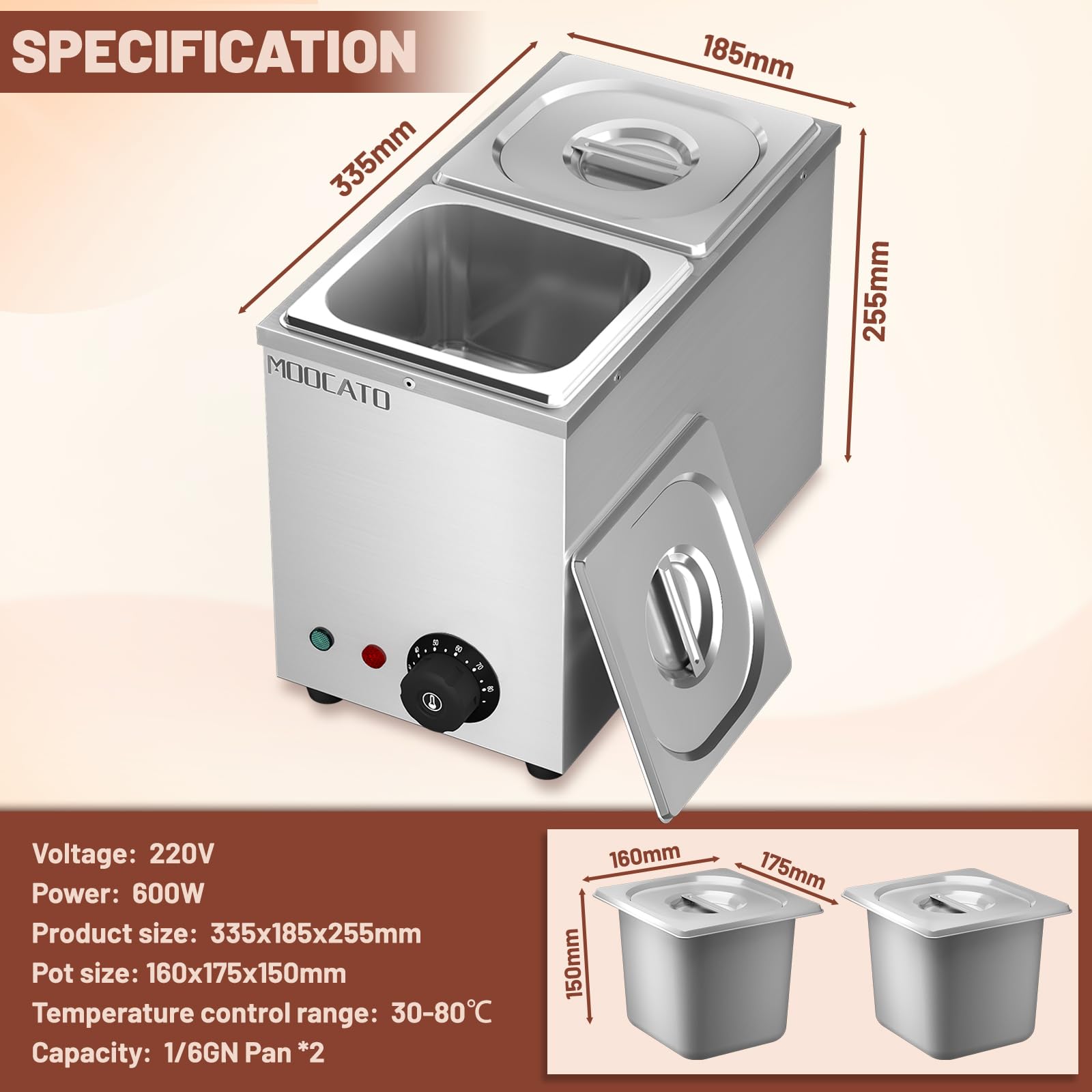 Schokolade Schmelztiegel, Schokolade Temperiermaschine 2 Töpfen | Elektrische schokoladen schmelzgerät Edelstahl, 2x1/6 GN Behälter Tapioka-Perlenwärmer, Chocolate Tempering Machine