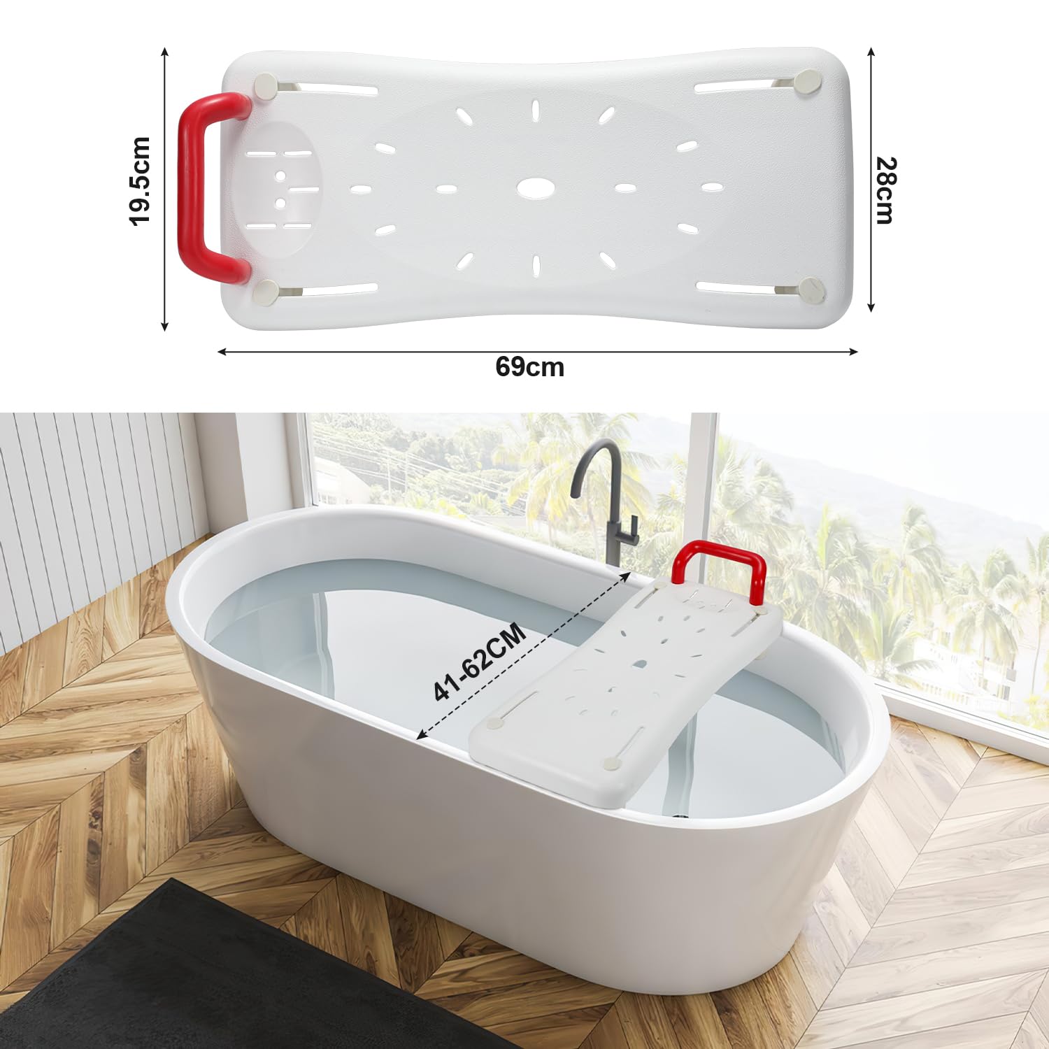 Randaco Siège de baignoire pour personnes âgées 70 cm 150 kg largeur 41-62 cm porte-savon poignée
