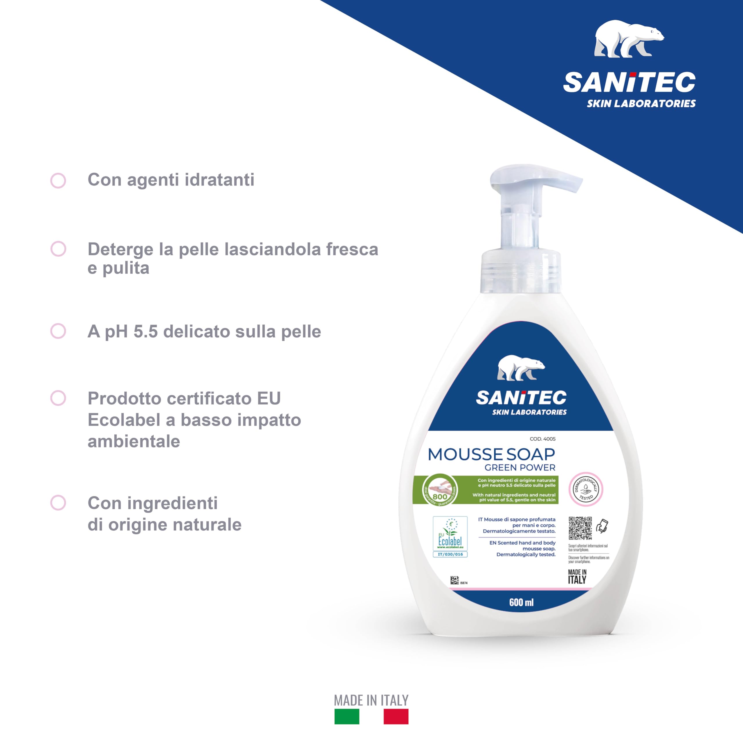 Sanitec MOUSSE SOAP Green Power, Mousse di Sapone a pH Neutro per Pulizia Quotidiana. Con Agenti ad azione Idratante. Dermatologicamente Testato, Per Mani, Viso e Corpo, certificata EU Ecolabel, 600ml
