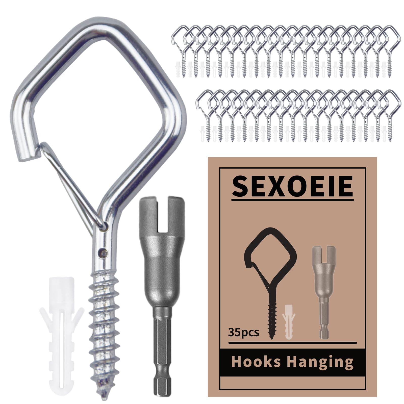 Sexoeie 35PCS Eye Screw Hooks for Hanging Heavy Duty with Safety Buckle.Metal Ceiling Hooks for Hanging Plants,Cup,Wind Chime,Bird Feeders,String Lights at Indoor&Outdoor,2.36 Inches Silver