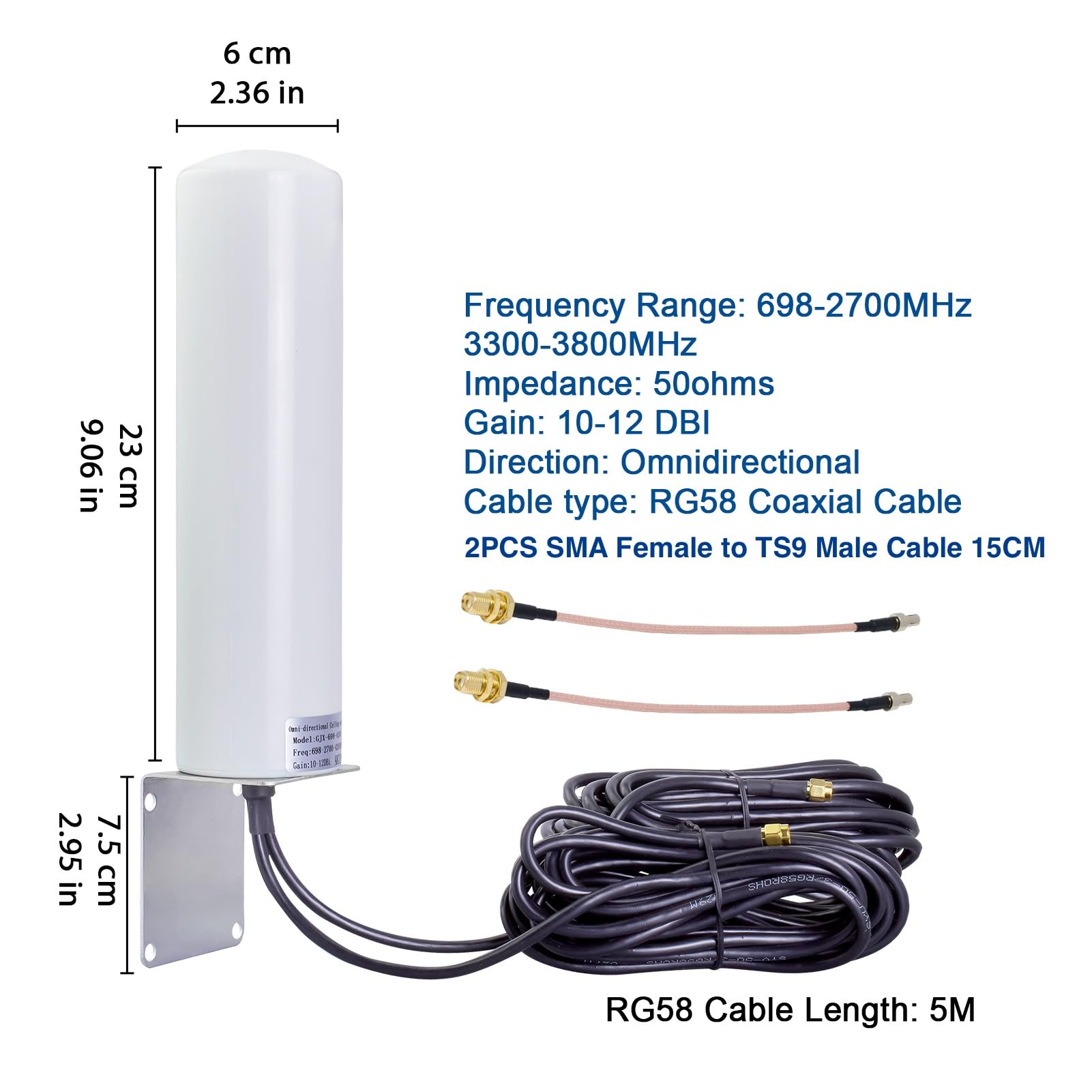 4G 5G LTE Antenna esterna 10dBi 698–2700/3300–3800 MHz con doppio connettore SMA maschio cavo RG58 e cavo RG316 da 15 cm SMA femmina TS9 maschio per router 3G/4G, modem router, wireless