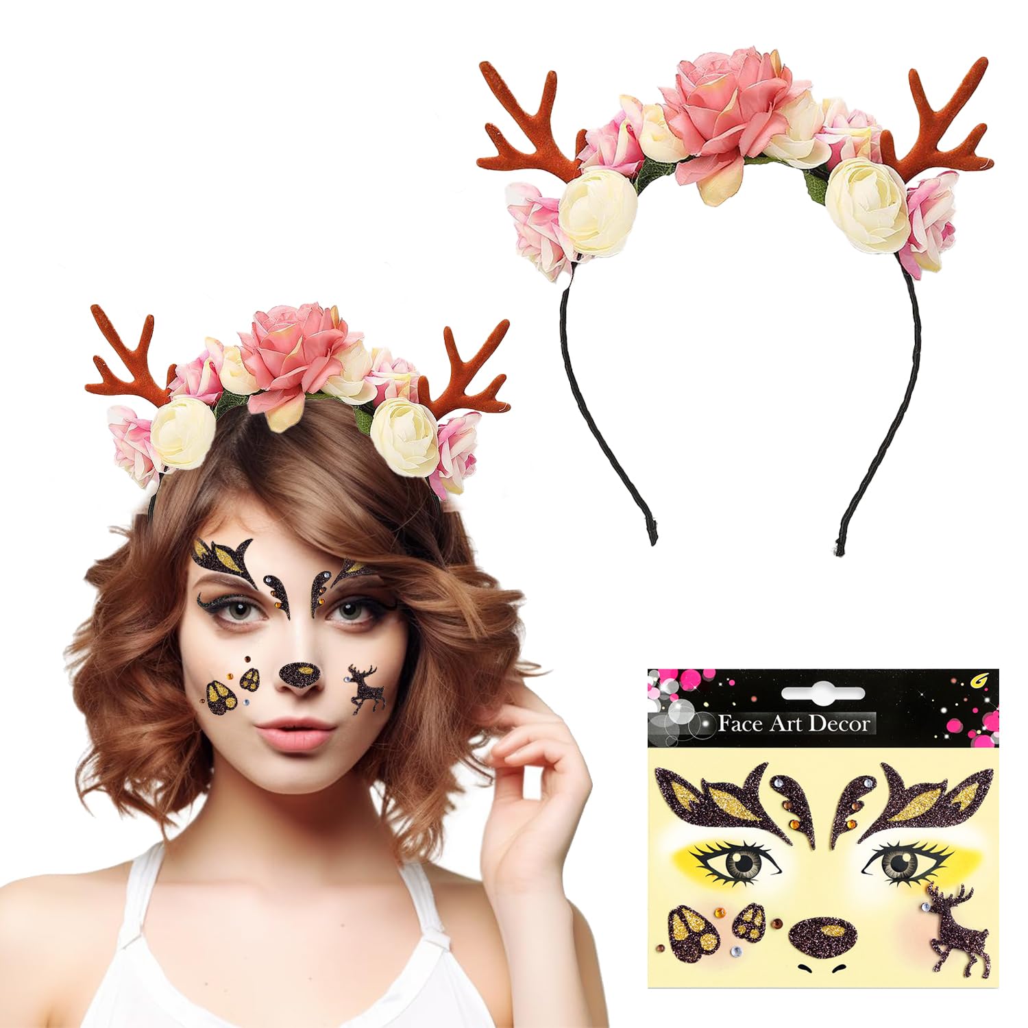 Cerchietto Con Corna Di Cervo Per Bambina - Con Fiori E Tatuaggio, Per Carnevale, Halloween E Natale