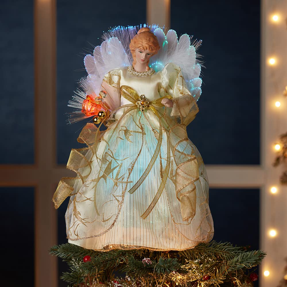 Kurt Adler Cul Glasfaser LED Engel Weihnachten Treetop Figur, Elfenbeinfarben, goldfarben, 12-Inch