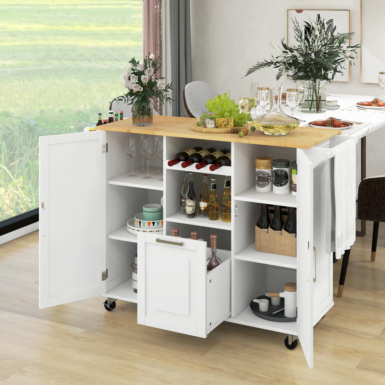 COSTWAY Desserte de Cuisine sur roulettes, Ilot Central Cuisine avec Plan de Travail Extensible Rabattable en Bois d'hévéa, Chariot de Service avec Tiroir, Porte-Bouteilles, Porte-Serviettes (Blanc)