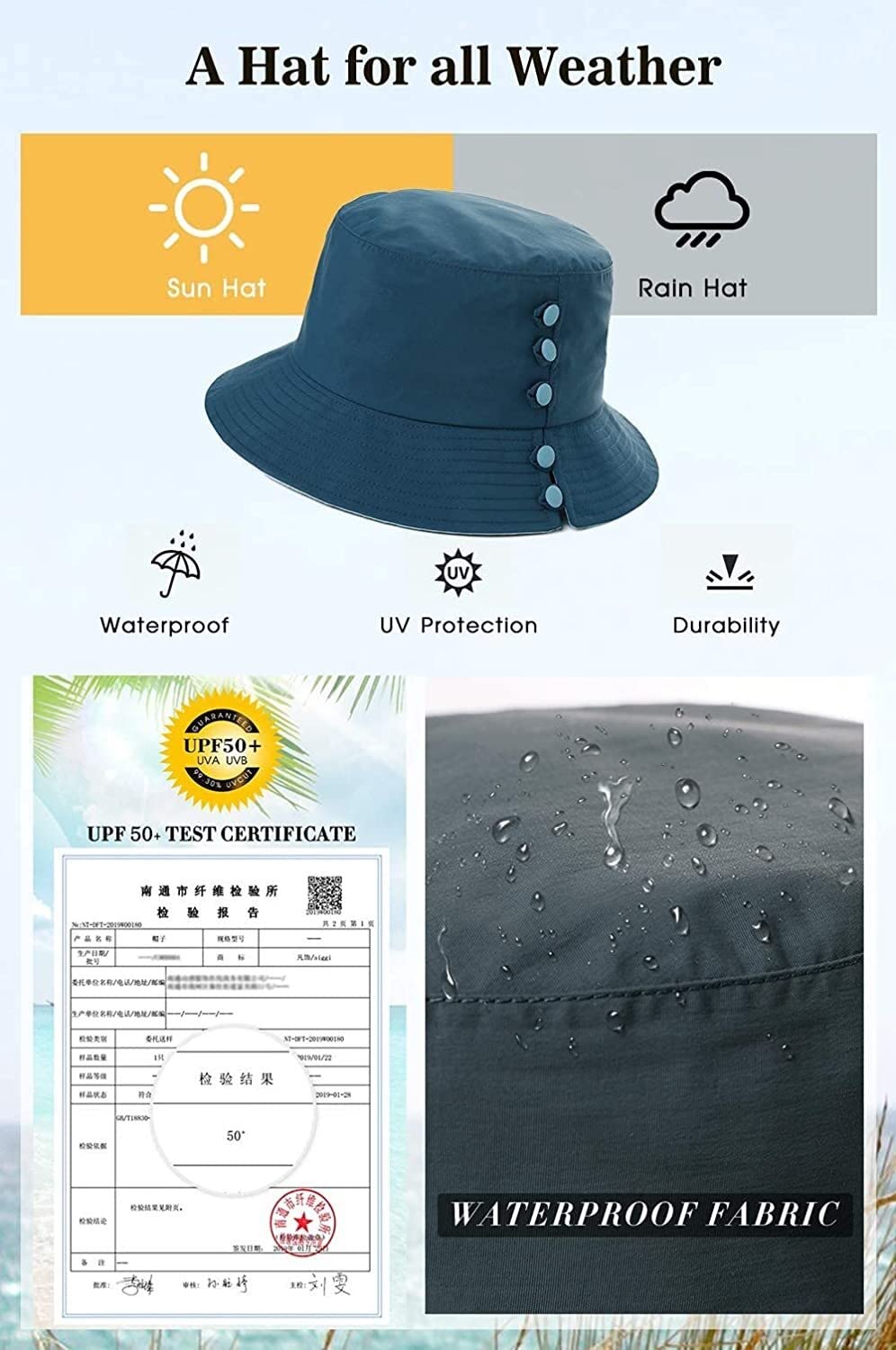 RWRAPS Sonnenhut Damen Bucket Sun Hat Wasserdichter Regenhut Breite Krempe Wandern Wanderhut mit Kinnriemen Verstellbarer Strandhut (Color: 00731-Black) (00731A Yellow A)
