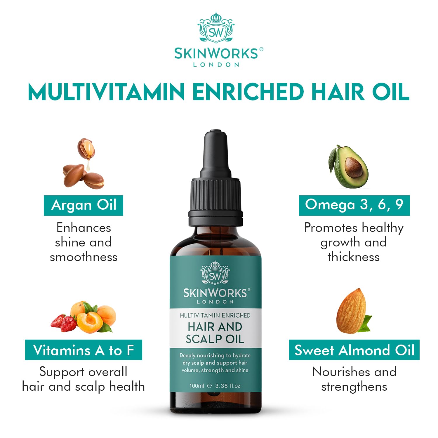 SkinWorks Multivitamin Enriched Hair Oil, 100ml treatment to hydrate dry scalp and support hair growth, thickness - Image 2