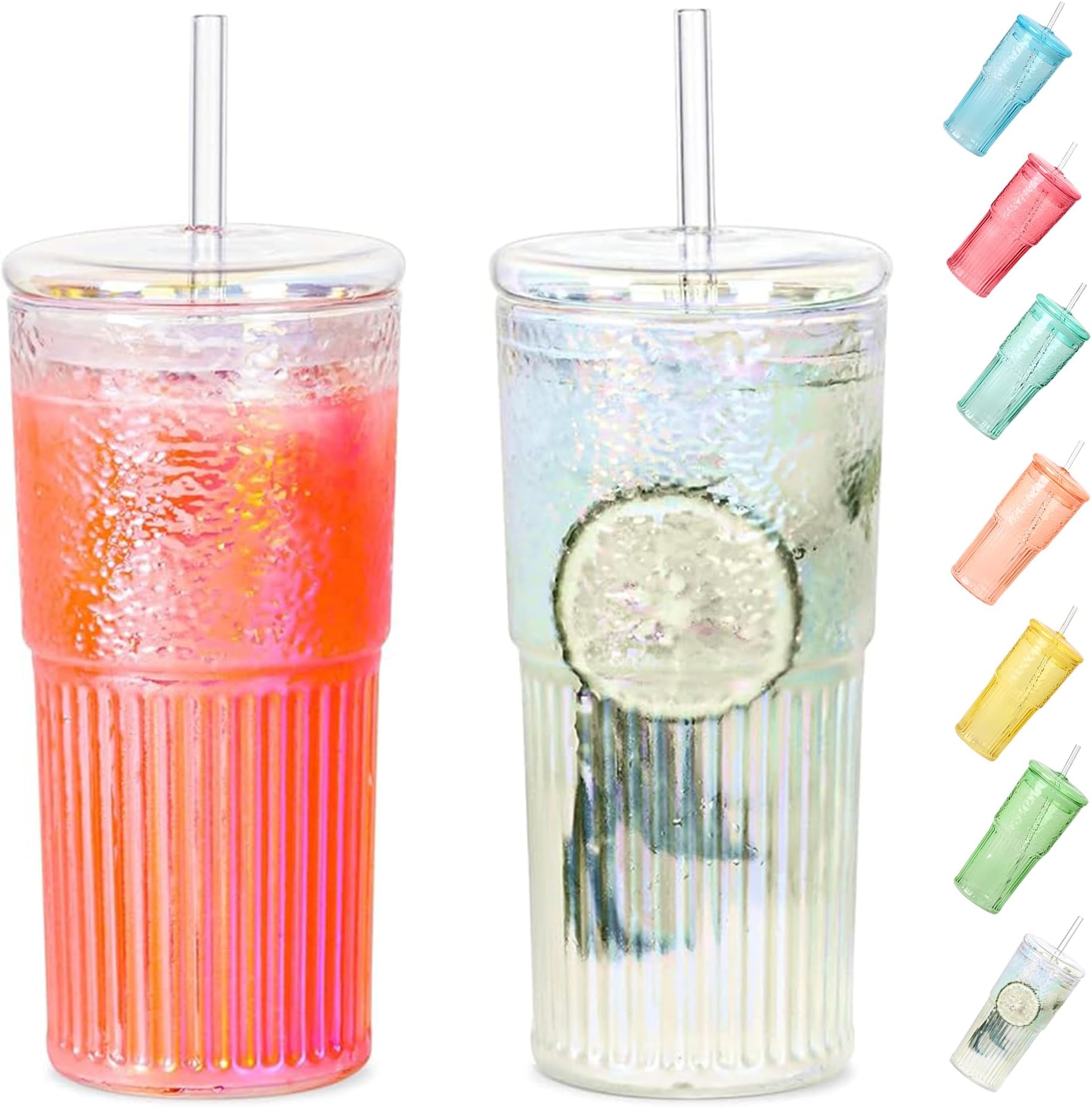 QWEZXO Colorful High Borosilicate Glass Cups With Lids and Glass Straws,20 OZ Rainbow Iced Coffee Water Tumbler Smoothie