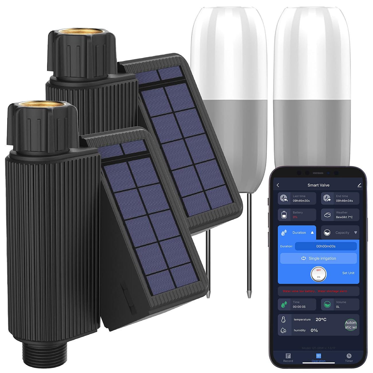 Royal Gardineer Solarbewässerungssystem: 2er-Set WLAN-Bewässerungscomputer, Solarpanel, App, 2X Bodensensor (Automatische Gartenbewässerung, Garten Bewässerungssteuerung, Akkus)