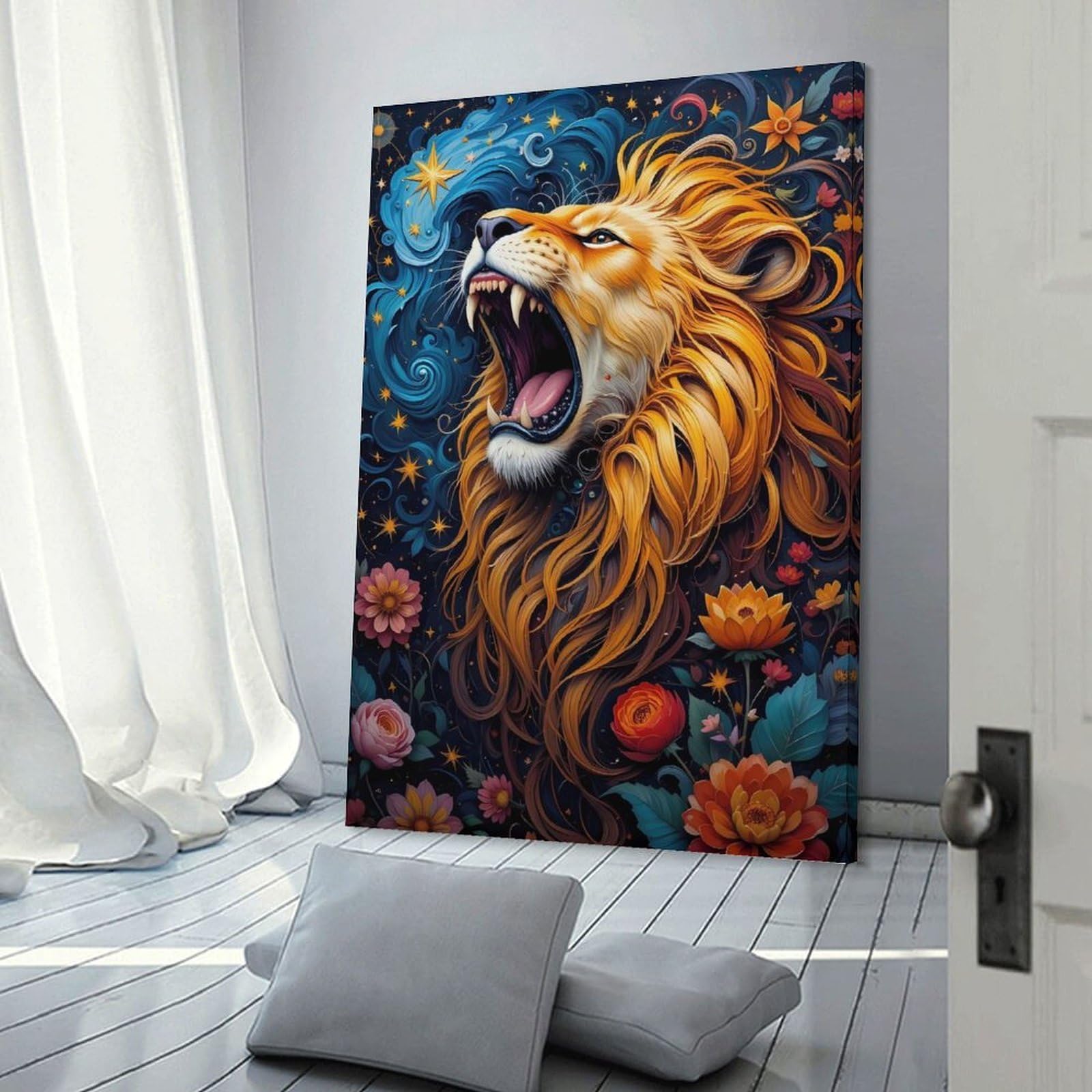 Junmoney Roaring Lion with Floral And Celestial Background Wall Art Print, 20x30inch(50x75cm), for Entryway, Lounge Links Or Small Walls, Decorative Wall Art for Narrow Spaces
