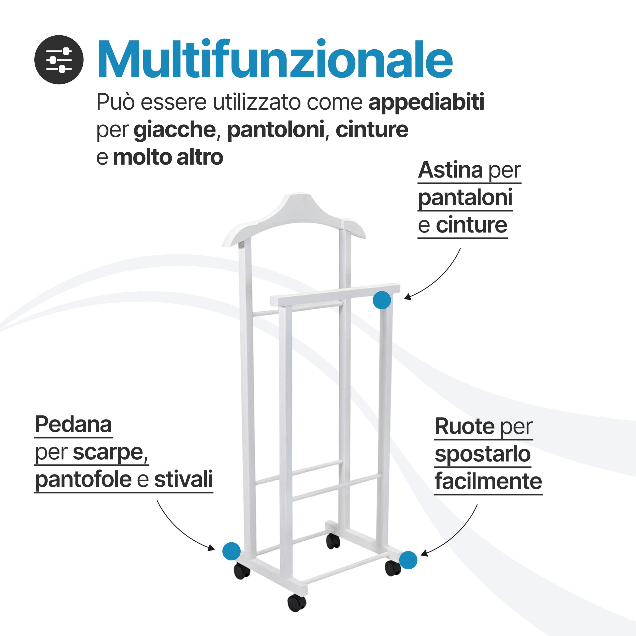 Tomaino - Servo Muto Da Camera AMBROGIO in Legno di Faggio - Appendiabiti Da Camera Multifunzionale Salvaspazio - Indossatore da Camera per Vestiti e Accessori - Bianco