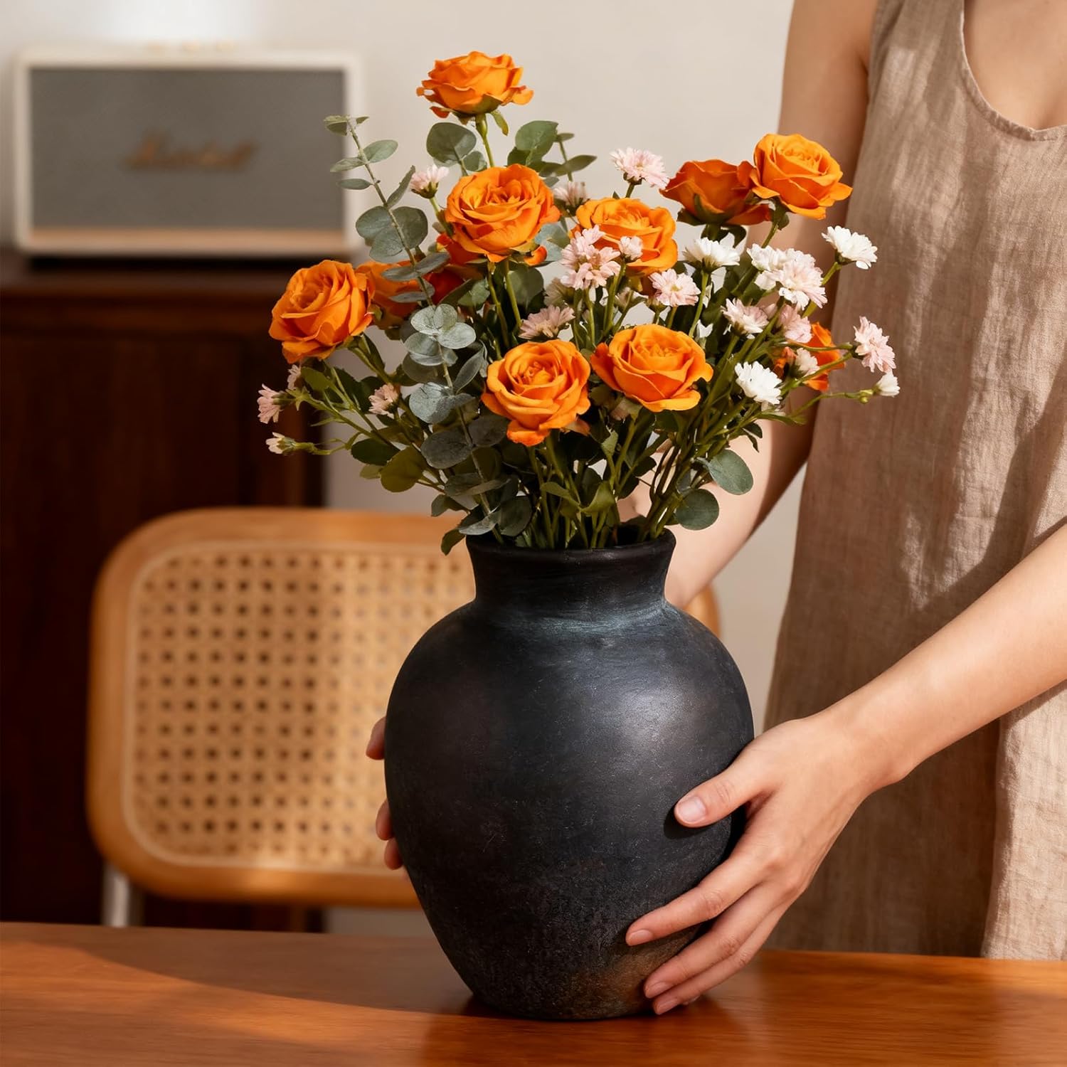 Ceramic Flower Vase, 6 Inch Decorative Rustic Vase Farmhouse Boho Vase for Centerpieces,Terracotta Vases for Home Decor, Living Room,Shelf,Wedding,Black - Image 5