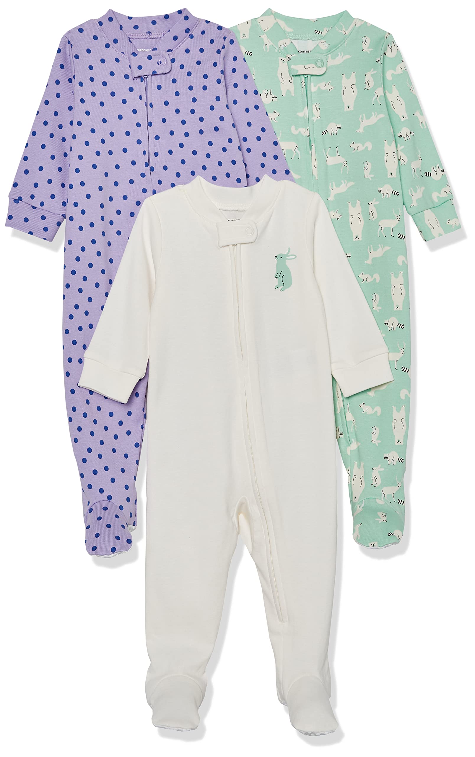 Amazon Essentials Unisex Babies' Snug-Fit Cotton Footed Sleeper Pajamas, Pack of 2, Mint Green Forest Animals/Purple Dots/White, 3-6 Months