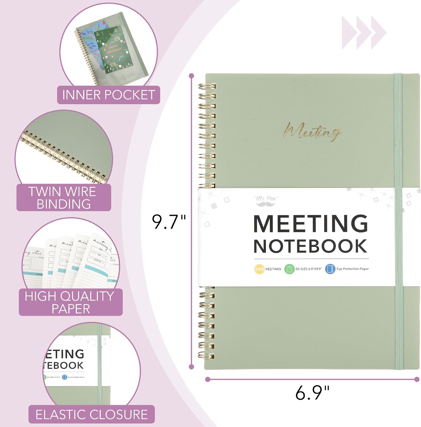 Mr. Pen- Meeting Notebook for Work, 140 Pages, Green image 2