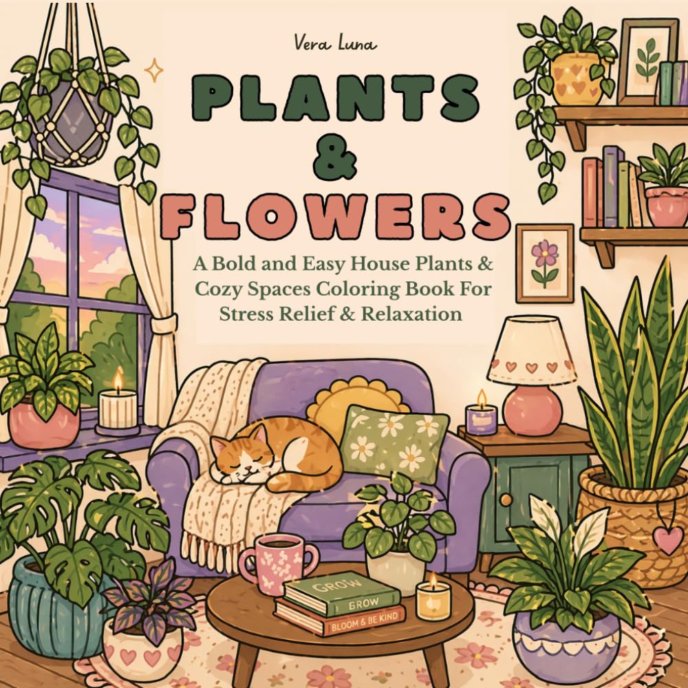 Plants & Flowers: A Bold and Easy House Plants & Cozy Spaces Coloring book for stress Relief & Relaxation