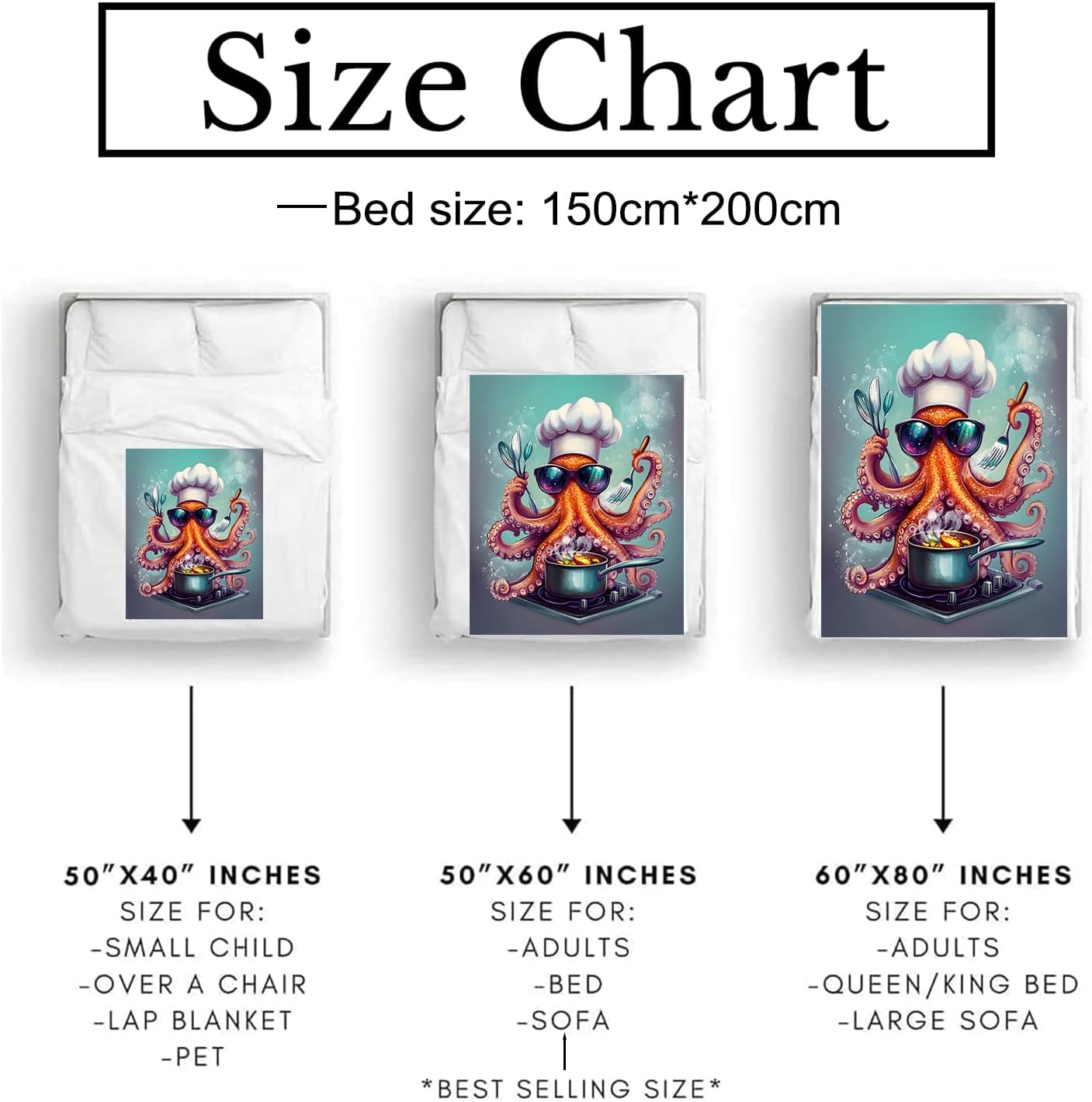 Chef Octopus Blanket Soft Cozy Flannel Throw Blanket, Warm Yet Lightweight Fun Cartoon Octopus Cooking Blankets for Travel, Couch, Bed, for Kids Adults Women, Fuzzy Outdoor Comfort Wrap 60"×50" - Image 3