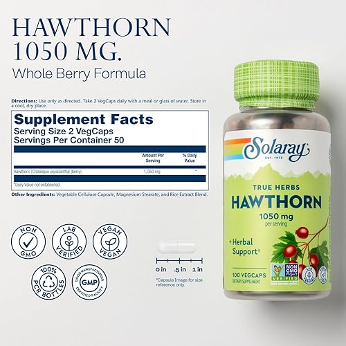Miniatura 2 de SOLARAY Hawthorn Berry Cápsulas de 1050 mg  Apoyo herbario calmante  Suplemento de bayas de Hawthorne para apoyo general del bienestar  Baya entera,