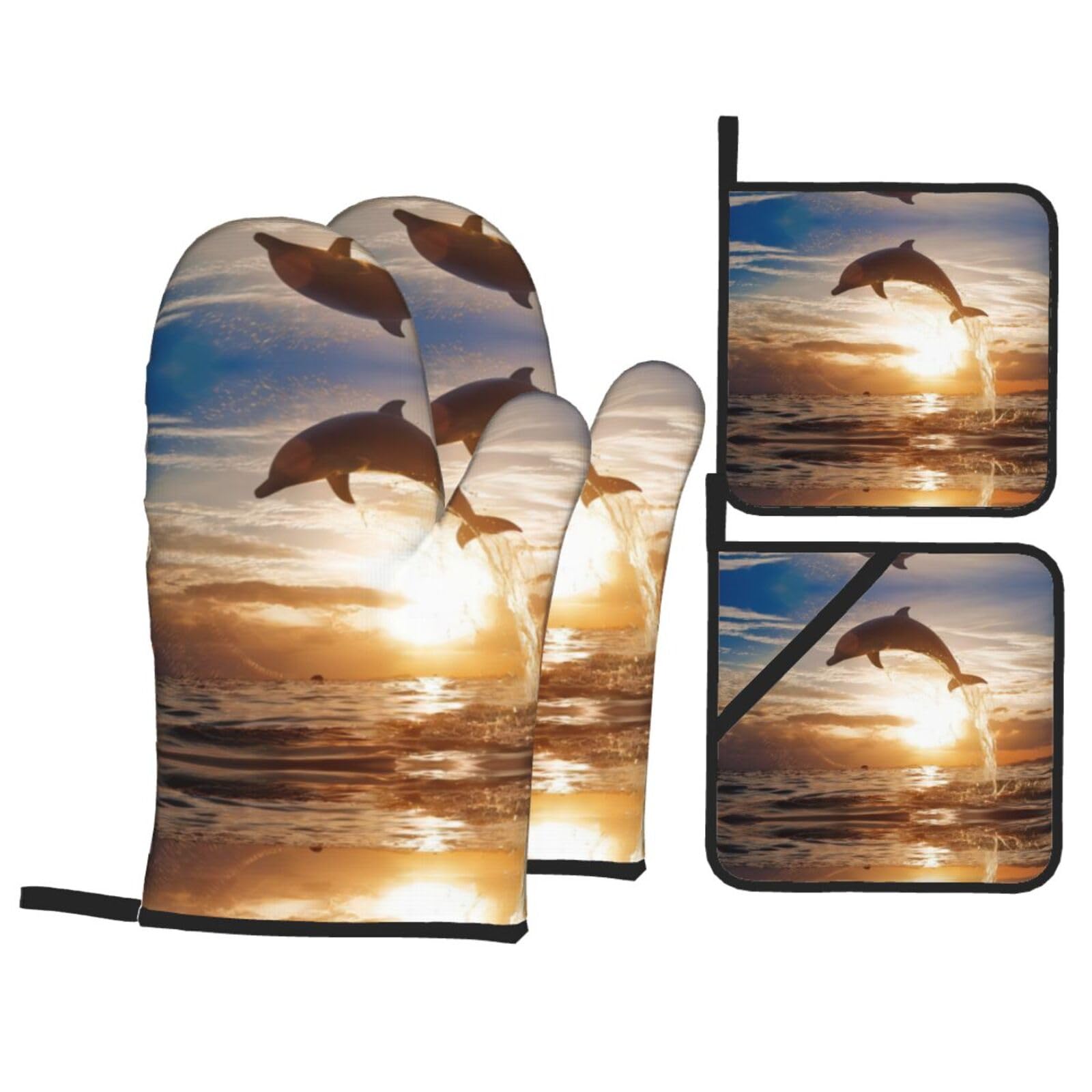 Funny Animal Dolphin Printed Baking 4-Piece Set, includes oven mitts and a heat-resistant mat, suitable for oven and BBQ use