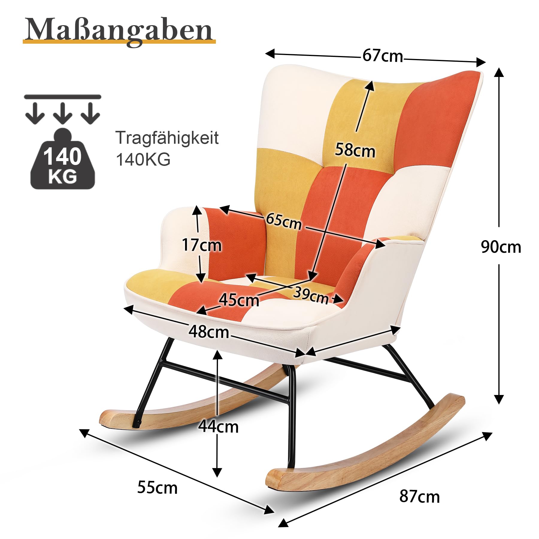 Mecedora de Terciopelo para habitación Infantil, con Estructura de Metal y Base de Madera, tapizada, para salón, Ocio, para salón, Dormitorio (Mecedora de Patchwork, Naranja y Amarillo)