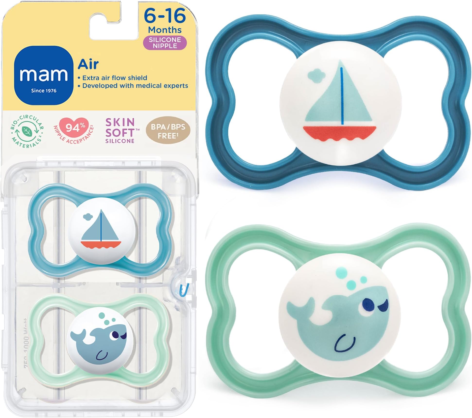 Air Pacifier for Babies 6-16 Months, Extra Air Flow for Sensitive Skin, Developed with Medical Experts, BPA-Free Skin Soft Silicone, 2 Count, with Sterilizer Case, Made in Europe