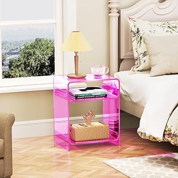 Acrylic End Table Record Player Table with Storage Shelf Clear Side Table Nightstand (15.7x19.7x11.8)(Pink)