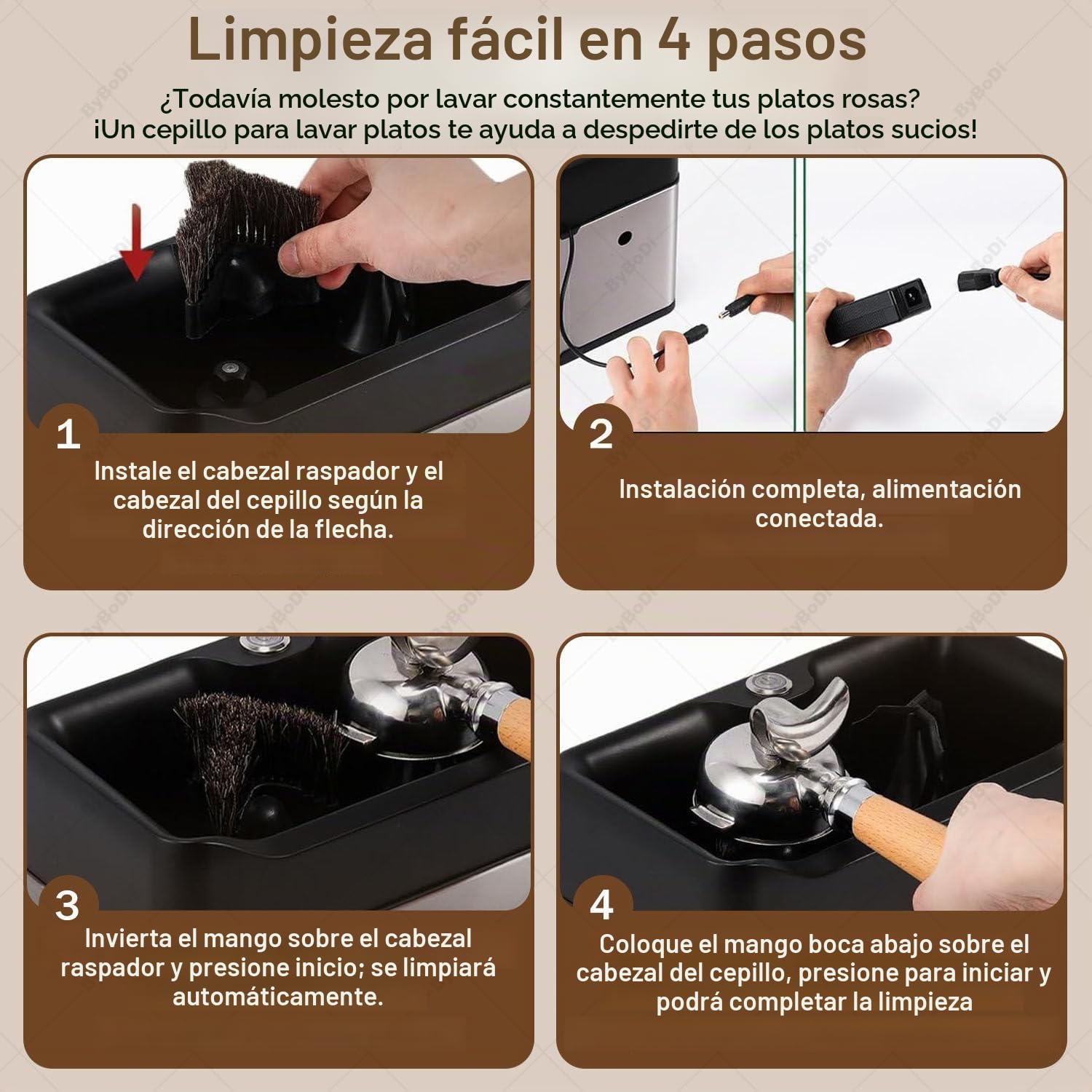 Limpiador de portafiltros eléctrico, máquina automática para Limpiar posos de café, con 3 raspadores y 2 Cabezales de Cepillo, 3 l, 300 RPM para portafiltros de café de 51 mm y 58 mm Silver