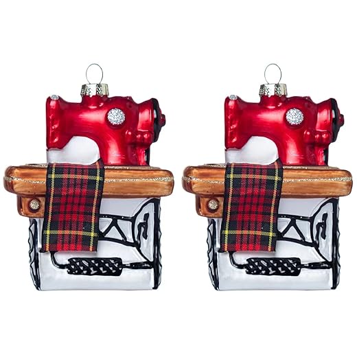 Set of 2 Glass Sewing Machine Ornament for Christmas Tree Decorations, Cute Hand Blown Glass Sewing Machine Christmas Ornaments, Great Gifts for Quilters