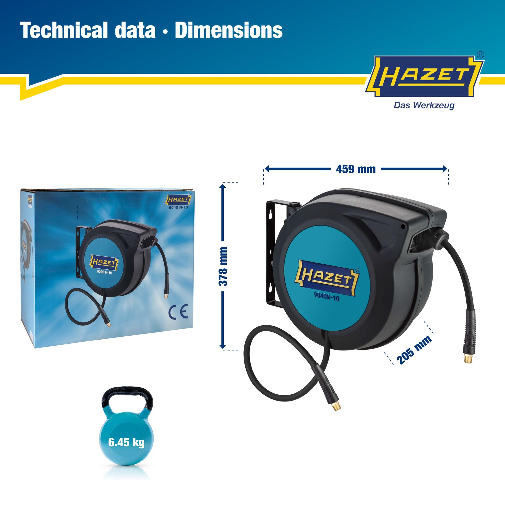 Avvolgitubo HAZET 9040N-10 | Lunghezza del tubo: 15 m, diametro interno del tubo: 10 mm, pressione massima: 20 bar per aria compressa e acqua | Avvolgitubo per l'avvolgimento pulito dei tubi".